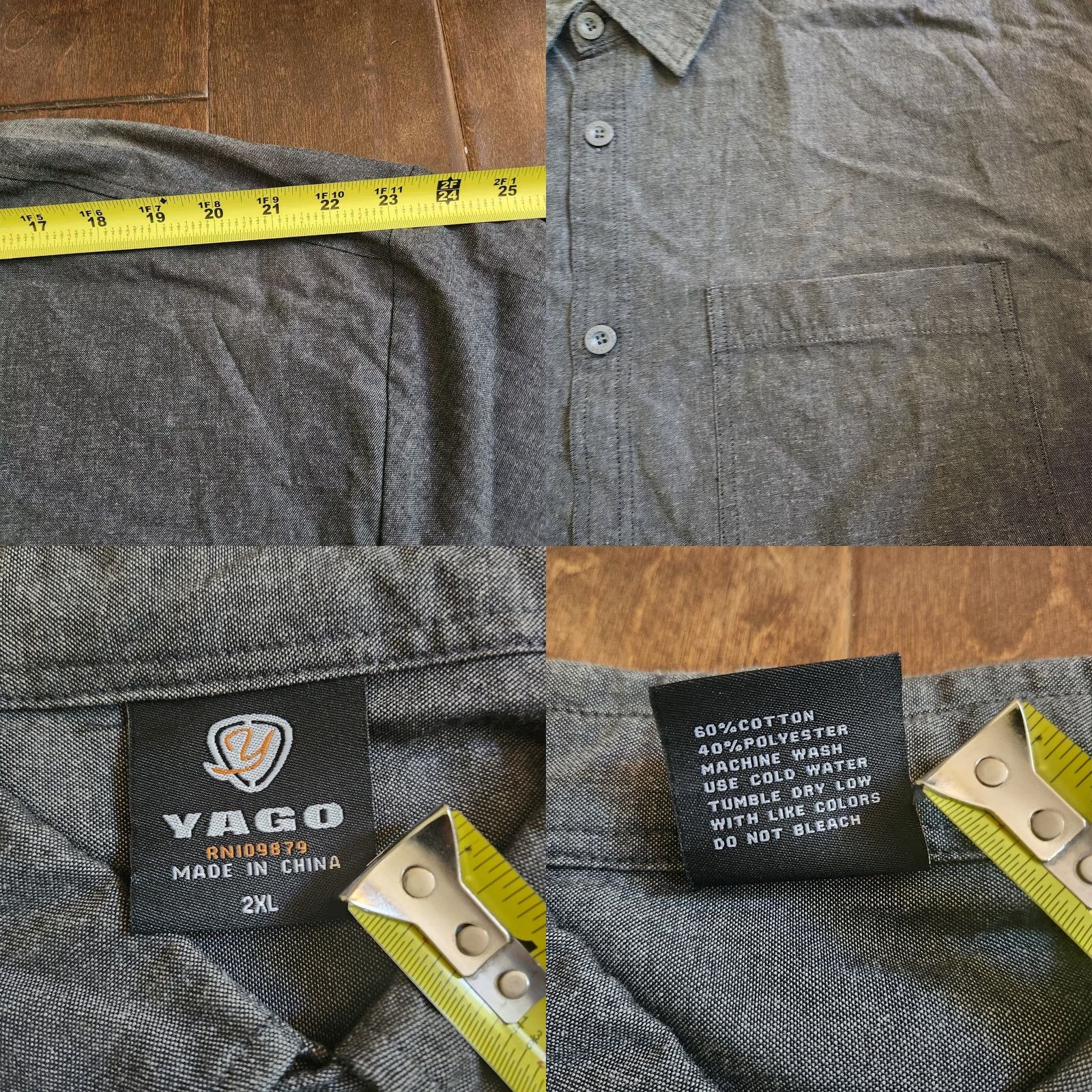 Vintage Yago Shirt Button-Up Pocket Short Sleeve Gray 2XL Mens Regular Classic Solid Polyester Cotton Size US XXL / EU 58 / 5 - 8 Thumbnail