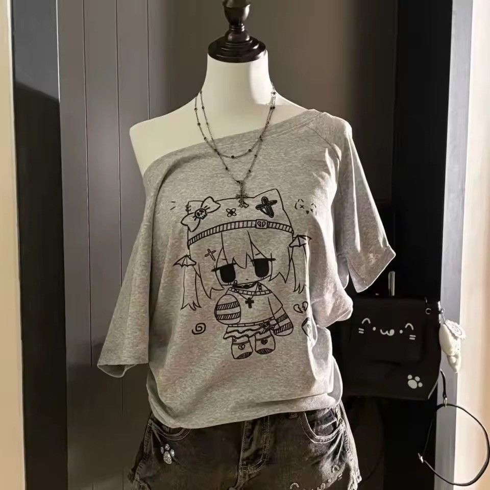 Japanese Brand Y2K Harajuku Anime Graphic Tee | One-Shoulder Oversized Top Size S / US 4 / IT 40 - 4 Thumbnail