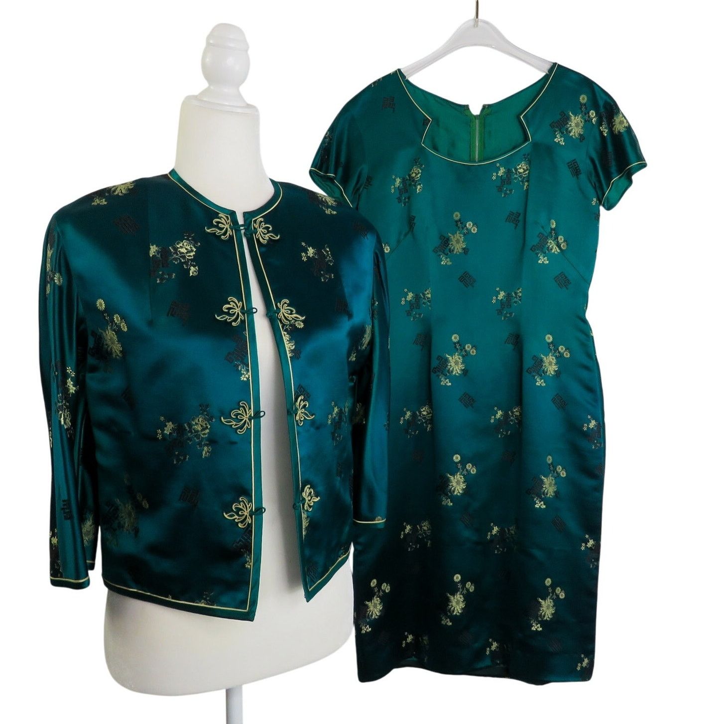 50s Cheongsam Dress with Jacket Emerald Satin Medium