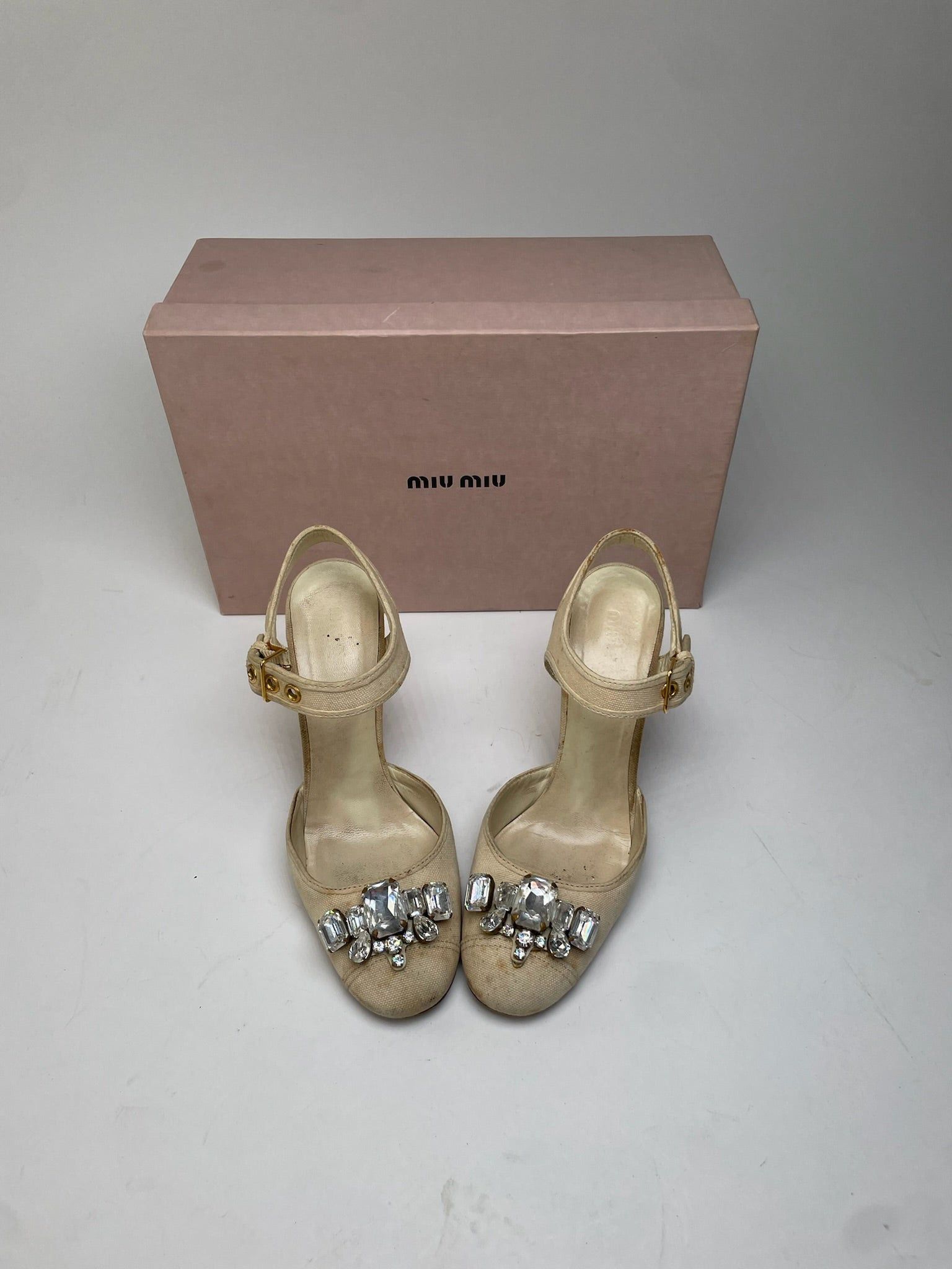 Miu Miu Leather Rhinestone Embellished Heels Beige Size US 5.5 / IT 35.5 - 1 Thumbnail
