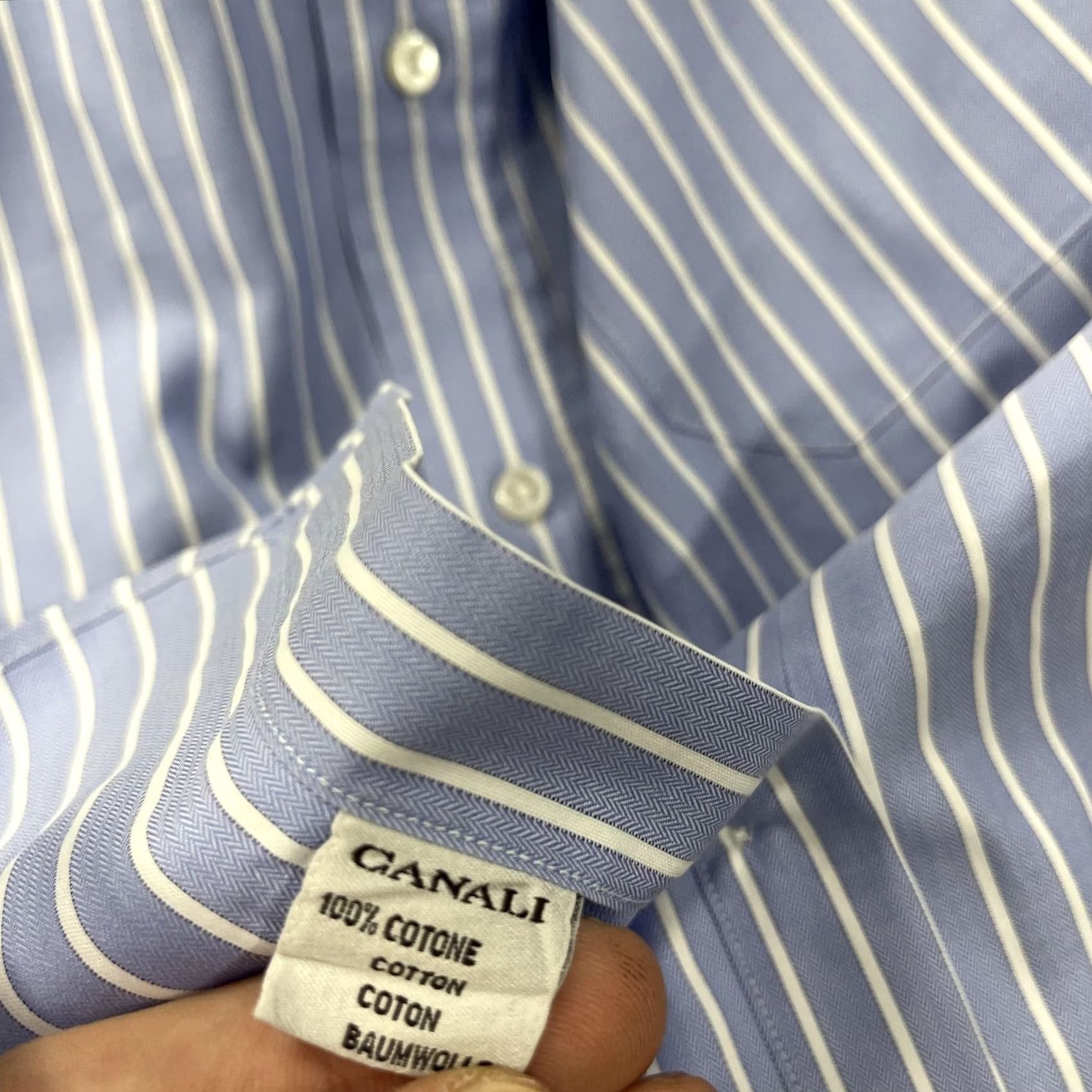 Canali Canali Dress Shirt Mens 17 43 Blue Stripe Classic Fit 100% Cotton Made Italy Size 46R - 6 Thumbnail