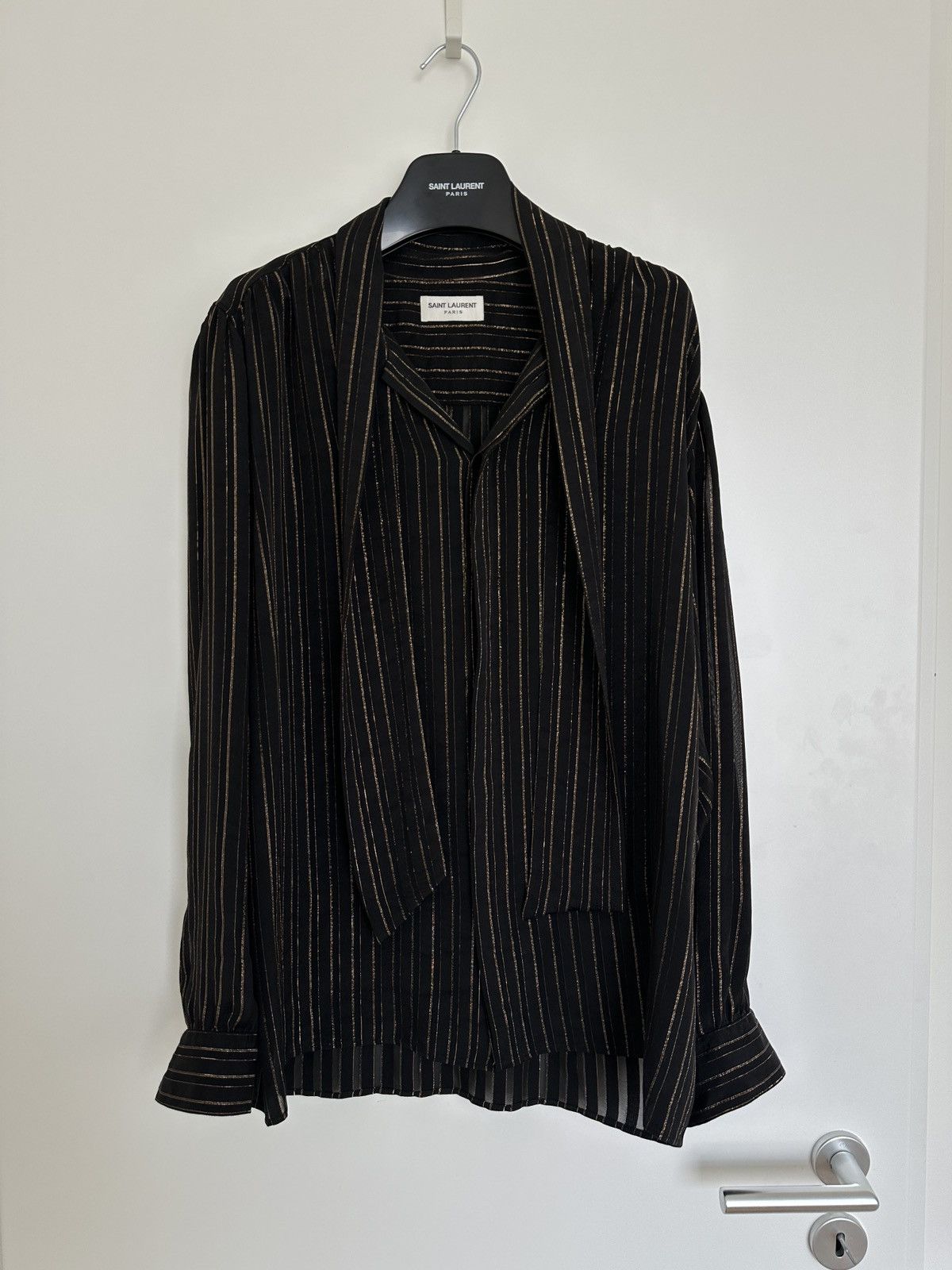 Saint Laurent Paris Black & Gold Silk Shirt with Lavallière Tie Size 40 Size US M / EU 48-50 / 2 - 2 Thumbnail