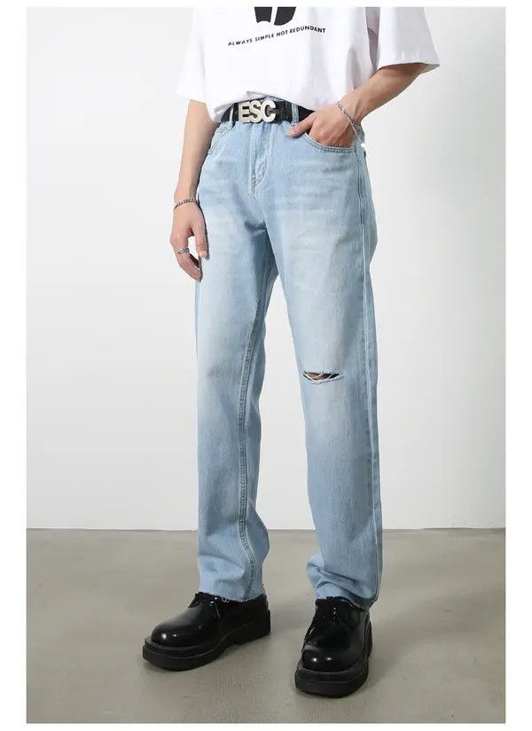 Japanese Brand Asaoka x Asai Light blue loose casual ripped straight jeans Size US 32 / EU 48 - 3 Thumbnail