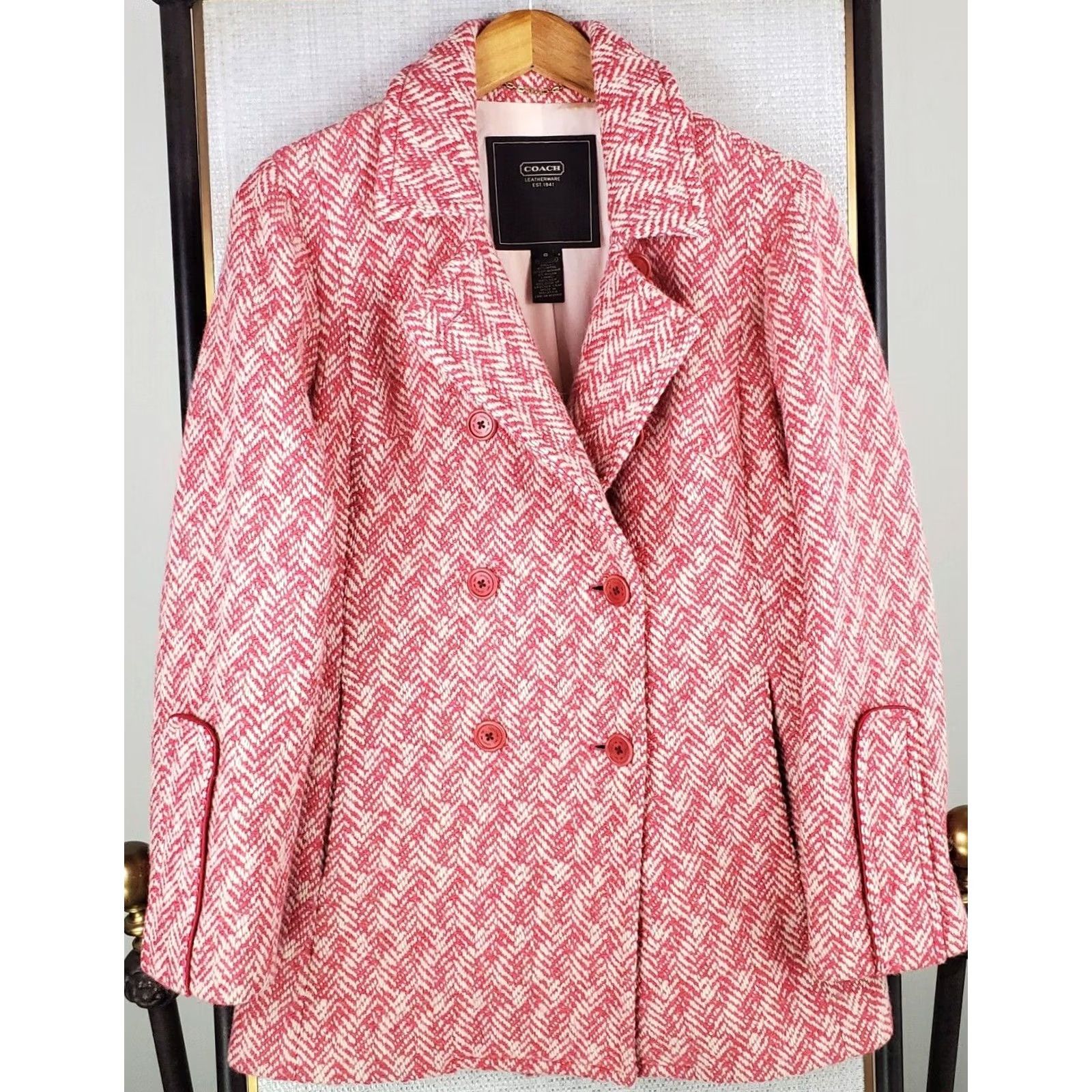 Coach COACH Womens Pea Coat Jacket Pink White Herringbone Wool Mohair Silk Lined Double Breasted Notch Front Pockets Size 6 Womens Size M / US 6-8 / IT 42-44 - 2 Thumbnail