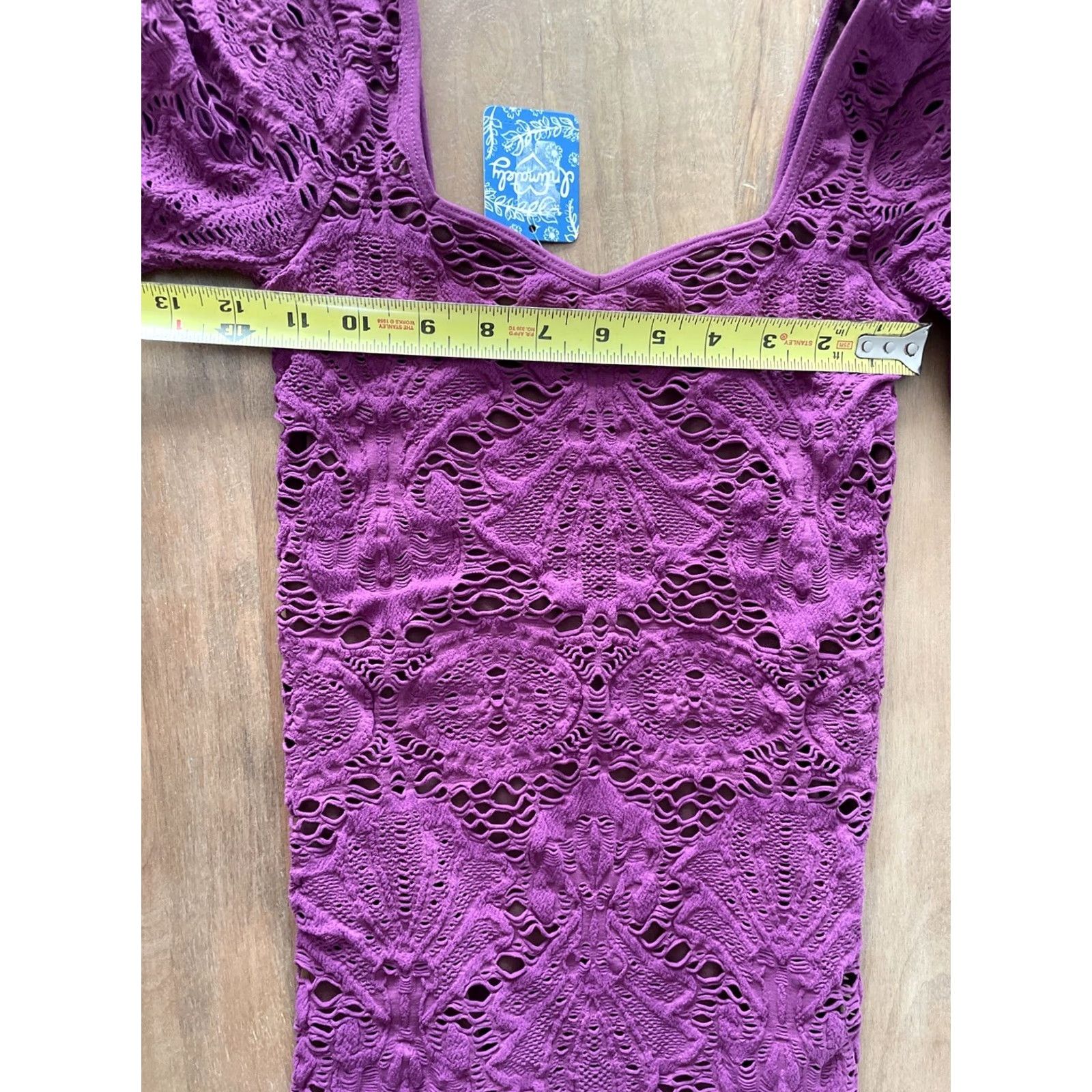 Free People VINTAGE Free People Bodycon Dress Shirt Womens XS/S Purple Lace Crochet Lined Short 3/4 Sleeve Sweetheart Neckline Bohemian Clubwear London 90s Size S / US 4 / IT 40 - 8 Thumbnail