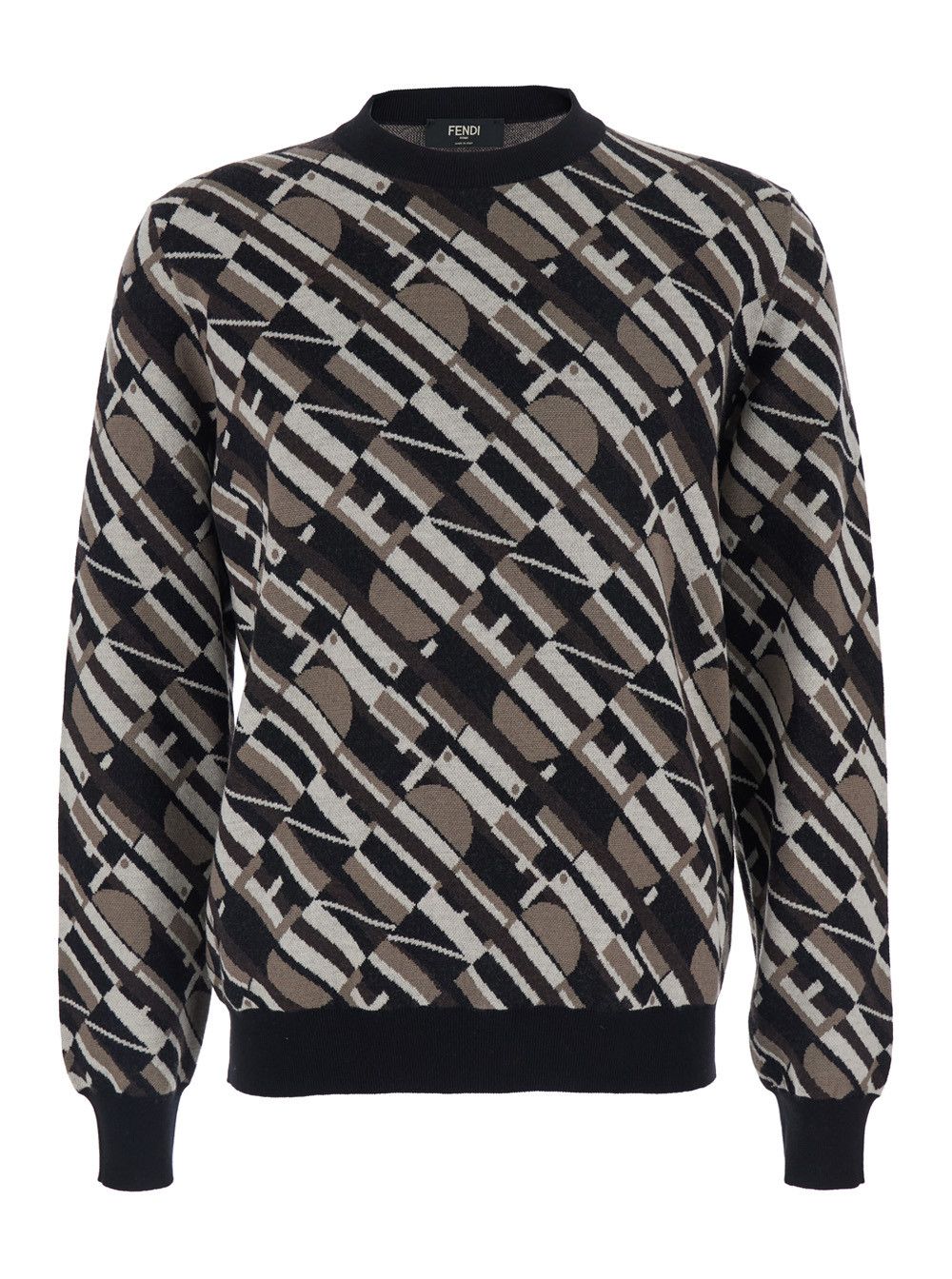 Fendi Brown Crewneck Sweater with All-Over Geometric Motif in Wool Man Size US XL / EU 56 / 4 - 1 Thumbnail