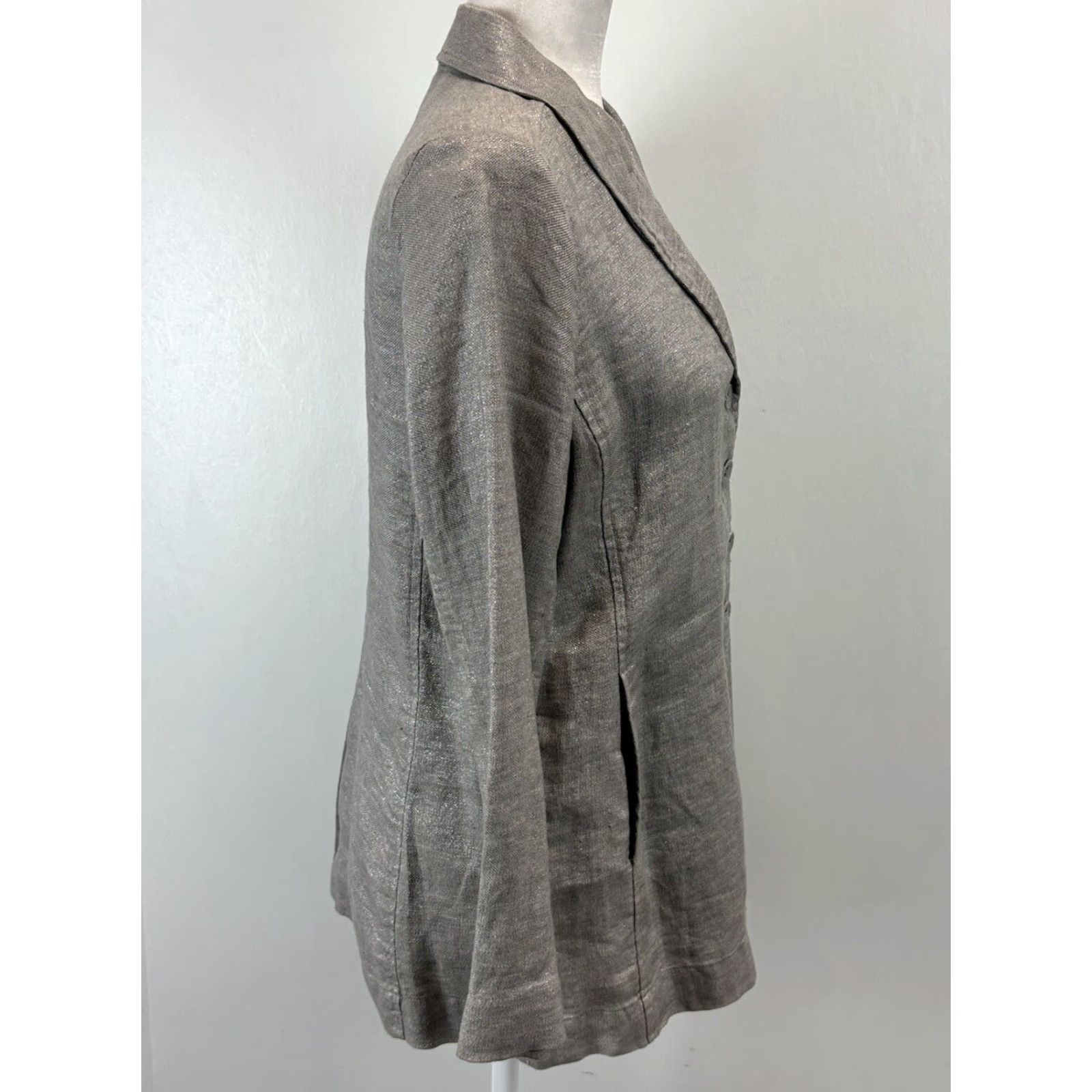 Eileen Fisher Eileen Fisher Twinkle Linen Blazer Jacket Small Petite Sp Metallic Womens PS Silver Blazer Linen Blend Metal Size S / US 4 / IT 40 - 4 Thumbnail