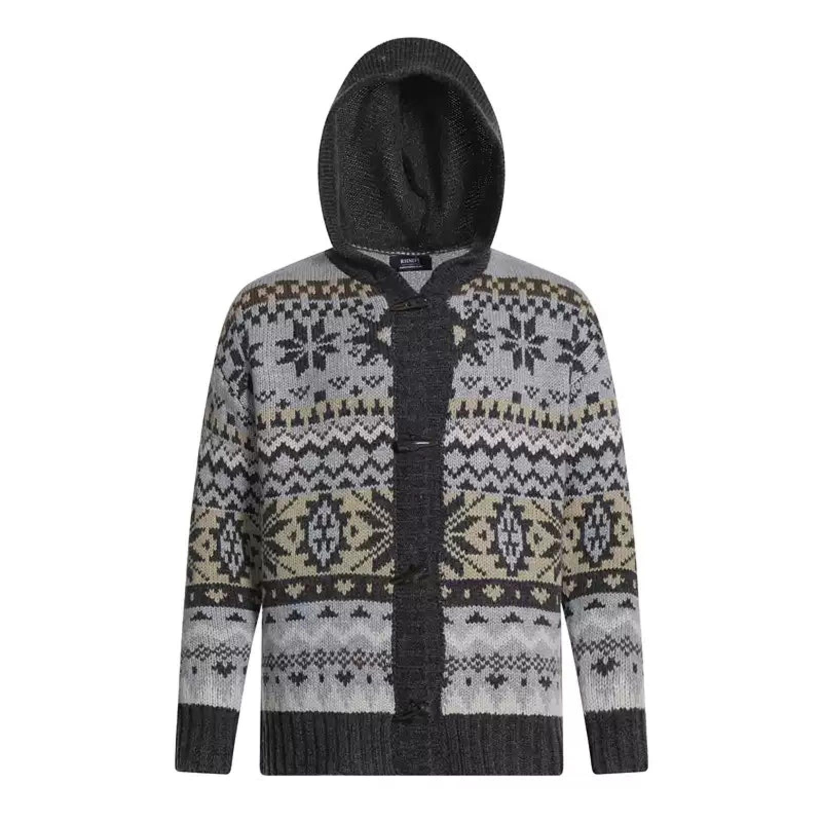 Gray Patterned Hooded Wool Blend Cardigan Sweater