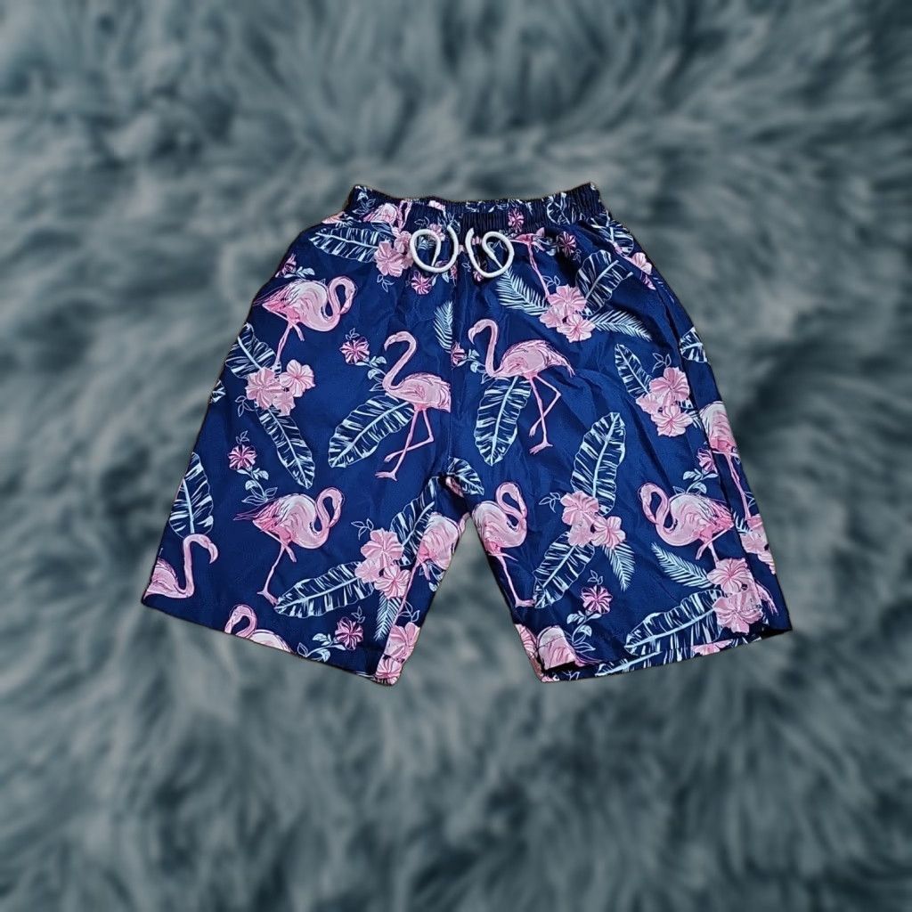 Vintage Flamingo Swim Trunks All Over Print Blue & Pink M Men Bottom with Pockets Drawstring 28"-32" Size ONE SIZE - 1 Thumbnail