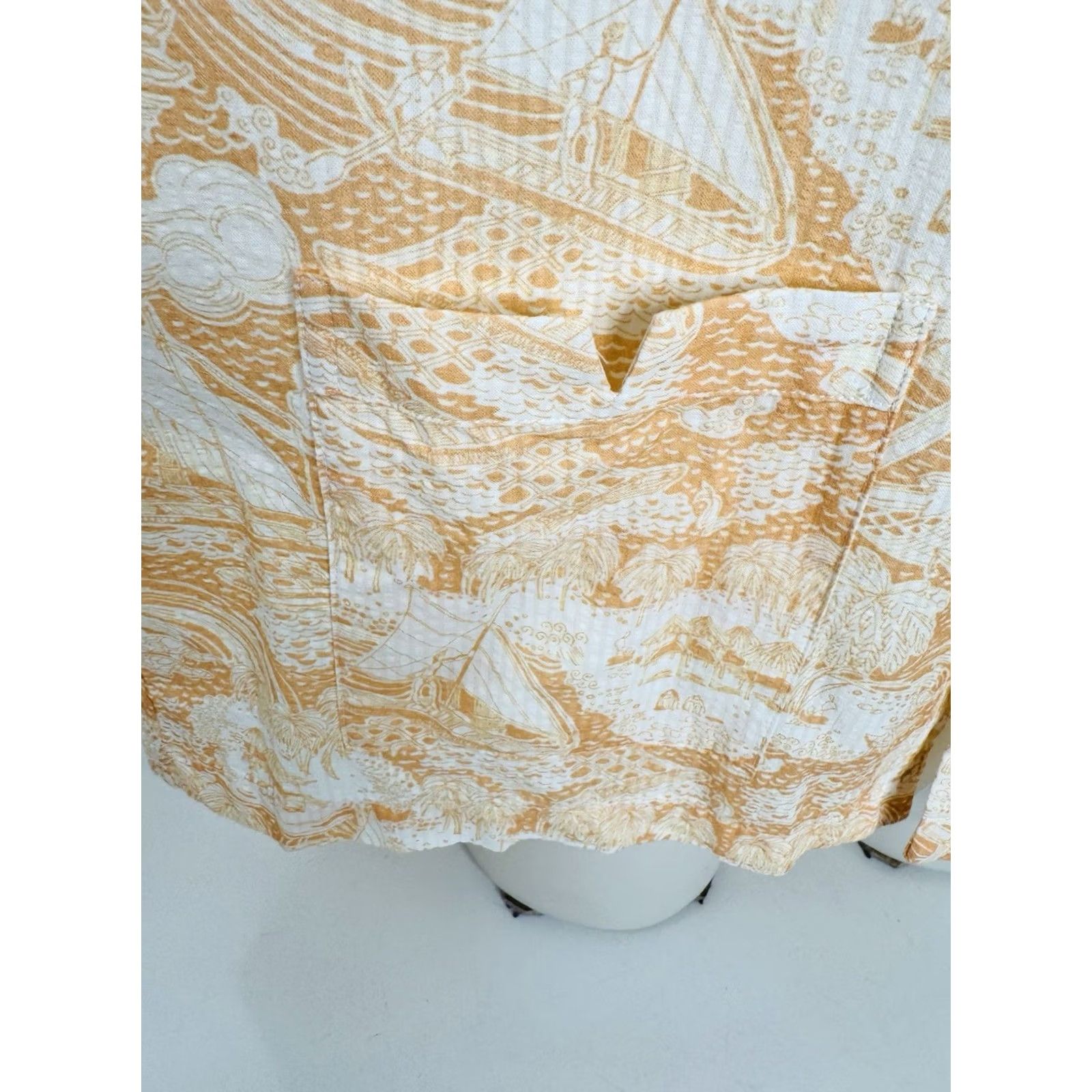 Tombolo TOMBOLO - Nautical Sailboat Guayabera Cloth Button-Up Hawaiian Aloha Shirt EXC - Salmon / White, L, Men, Short Sleeve, Button-Up, Hawaiian Theme, C9 Size US L / EU 52-54 / 3 - 5 Thumbnail