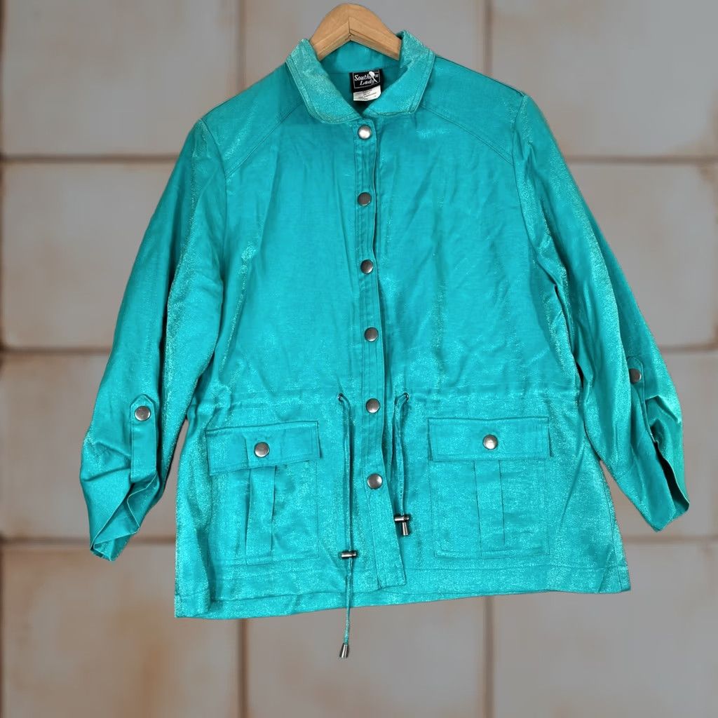 Vintage Southern Lady Jacket Womens 10P Teal Shimmer Utility Drawstring Roll Tab Coastal Retro Y2K Military Jacket Size L / US 10 / IT 46 - 1 Thumbnail
