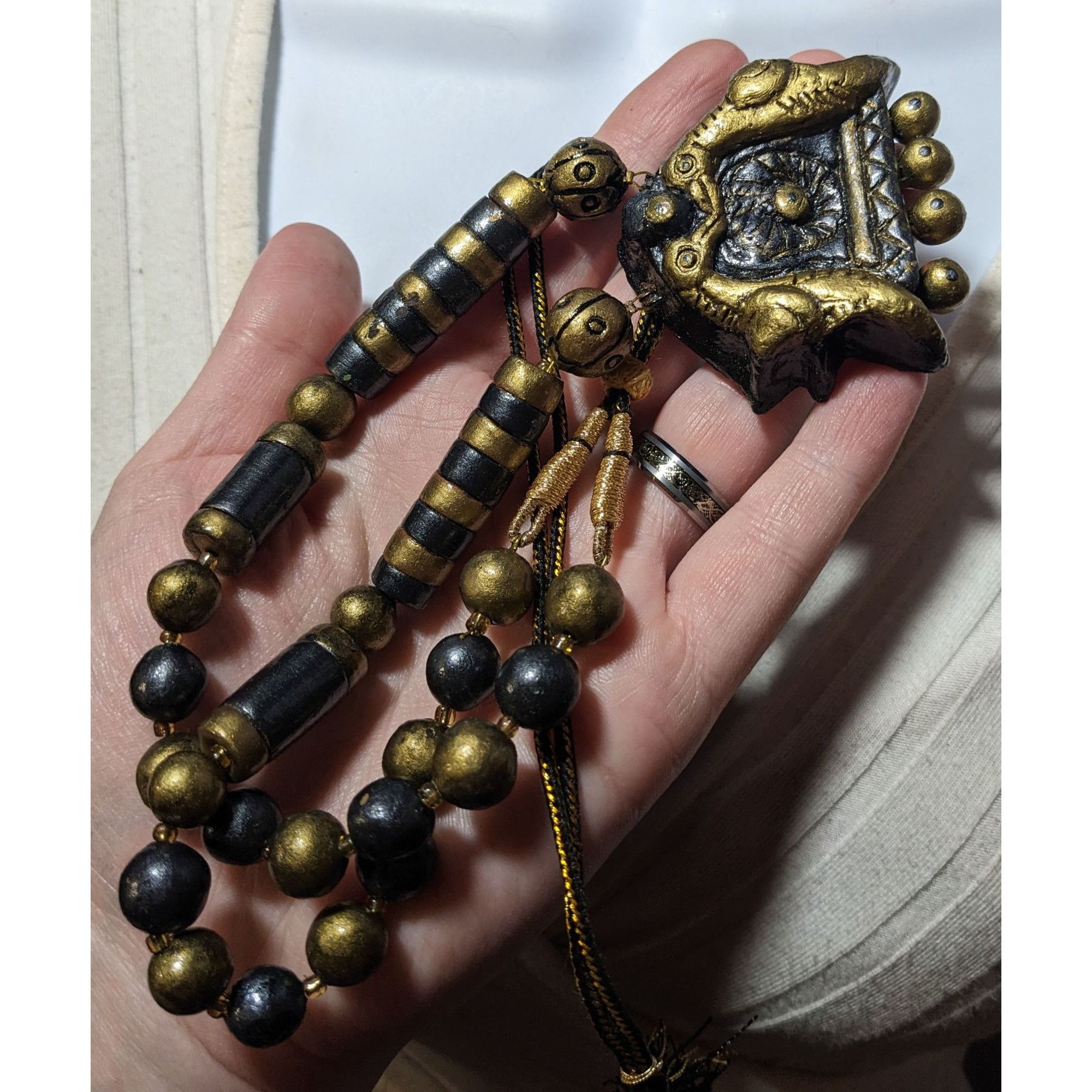 Other Vintage Terra Cotta Gold And Black Bird Beaded Pendant Neckl Size ONE SIZE - 11 Thumbnail