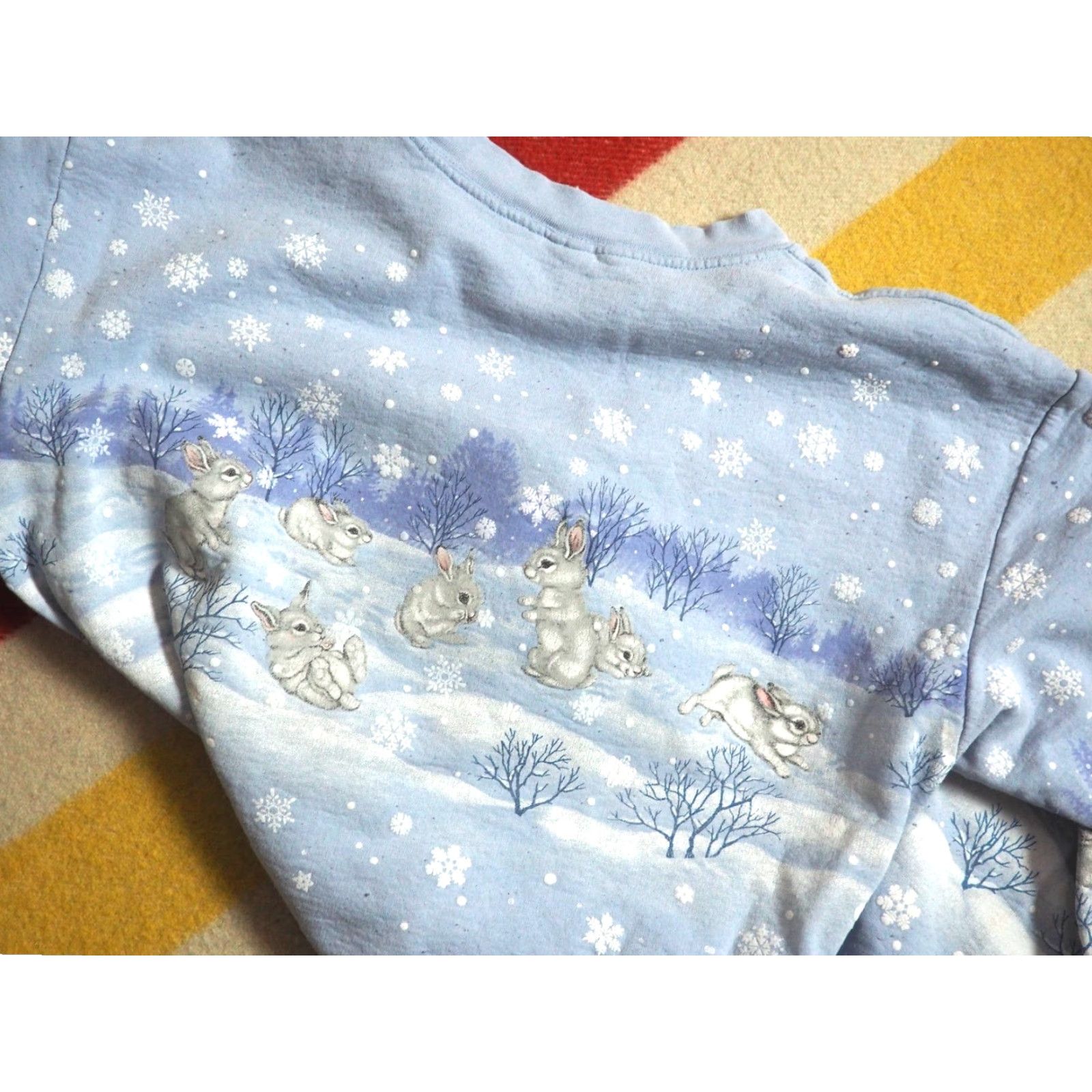 Vintage VTG 90s Winter Snow Rabbit AOP Blue USA Nature Pullover Sweatshirt Women L Blue Sweatshirt Size L / US 10 / IT 46 - 6 Thumbnail