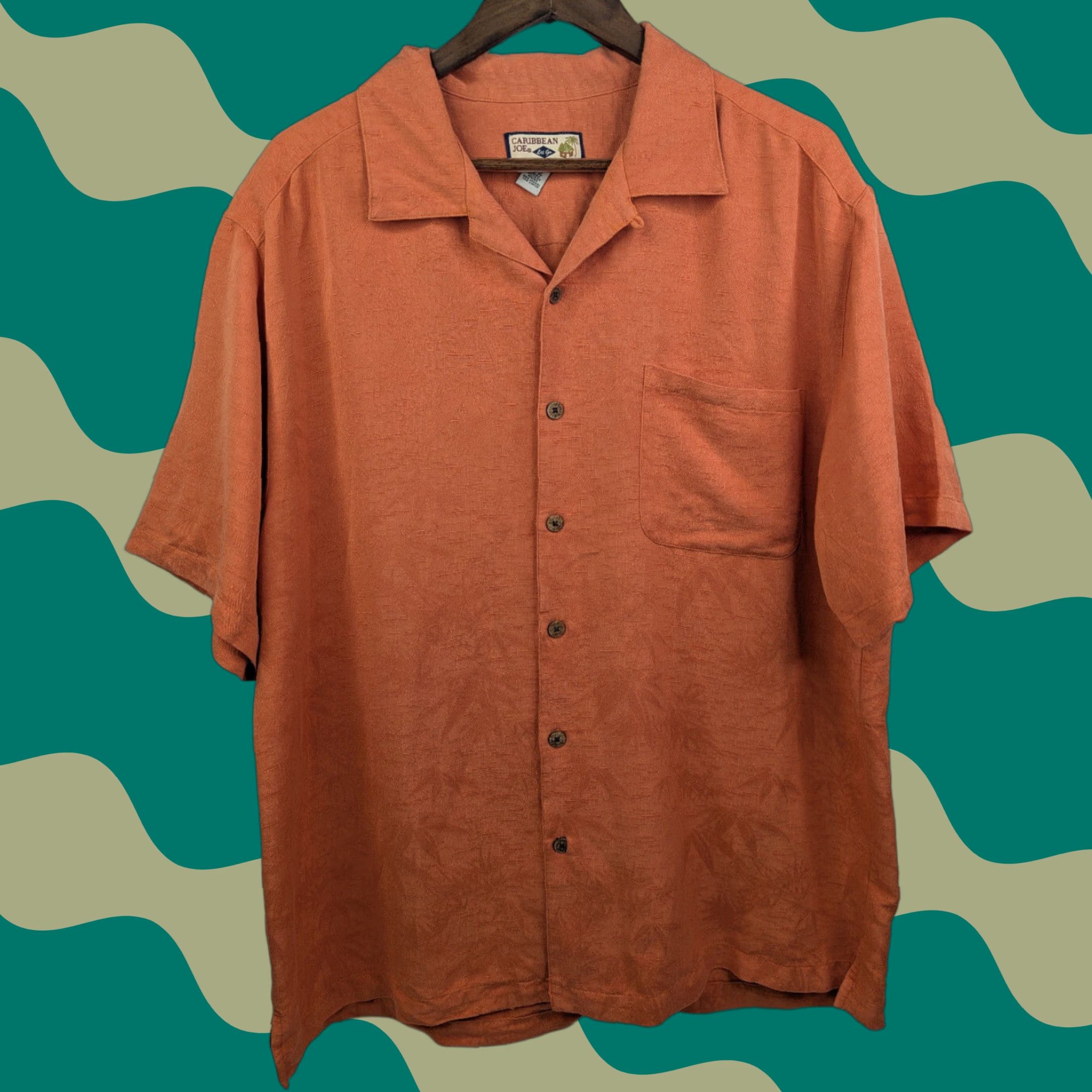 Vintage Caribbean Joe Button-Up Shirt Men's XL Orange Textured Leaf Print Short Sleeve loop collar Size US XL / EU 56 / 4 - 1 Thumbnail