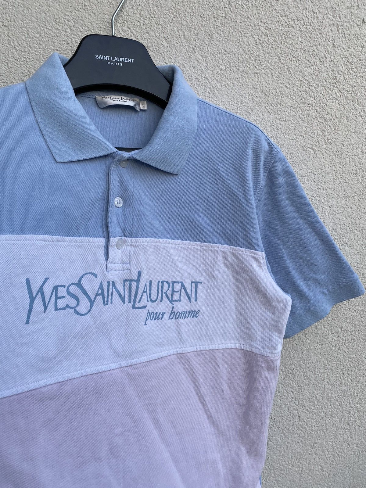 image of Vintage x YVES Saint Laurent Big Logo YSL Polo Spell Out YSL Shirt YSL Tee in Blue White (Size Larg