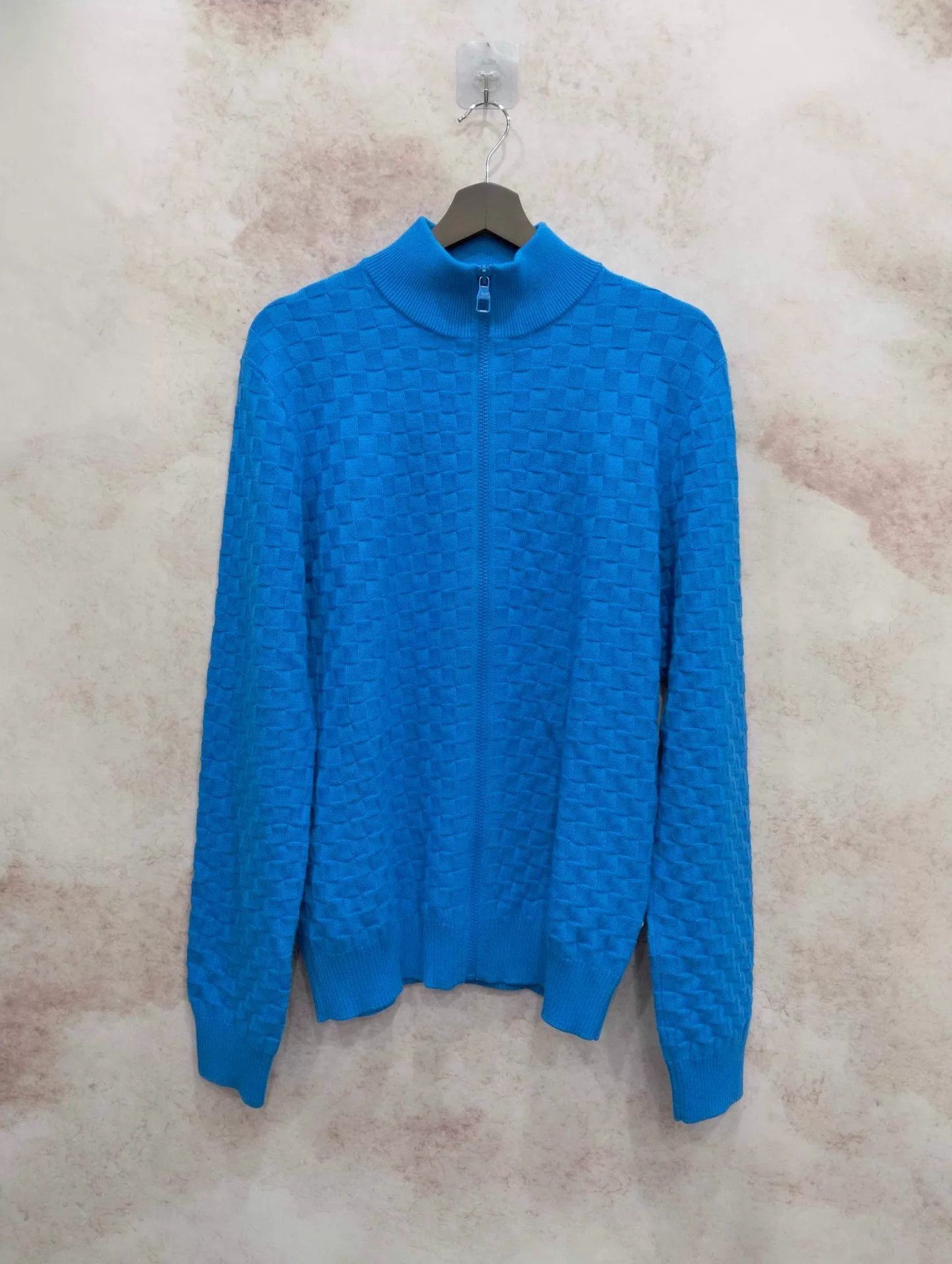 Louis Vuitton Blue Zip-Up Checkered Knit Sweater (M) Size US M / EU 48-50 / 2 - 1 Thumbnail