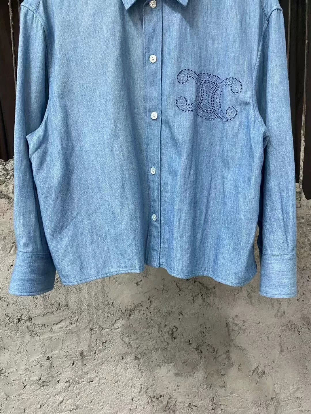 Celine Celine Blue Embroidered Triomphe Denim Shirt Size US 26 / EU 42 - 4 Thumbnail