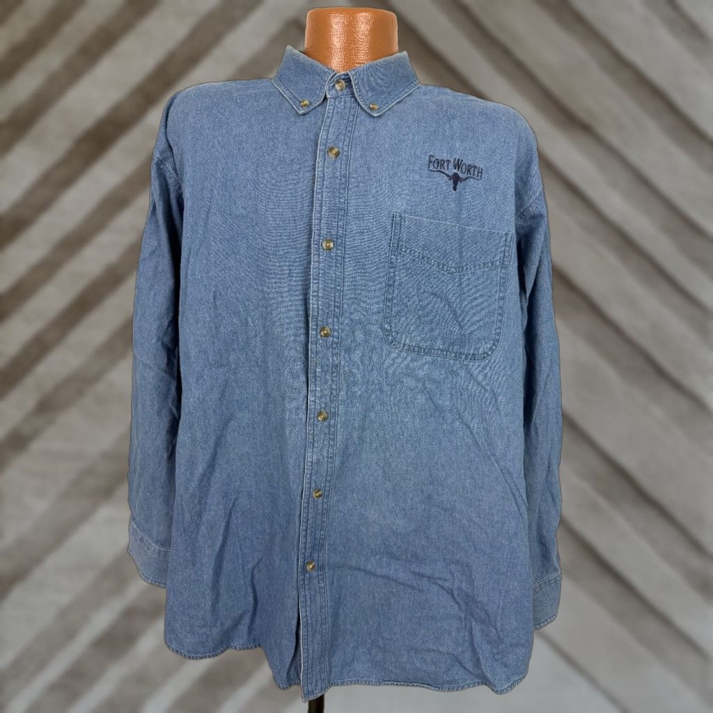 Vintage VINTAGE Fort Worth Denim Shirt Men XL Texas Long Horn Cowboy Button Up Minimal Shirt Men XL Blue Cotton Denim Embroidered 90s Texas Outdoor Y2K Size US XL / EU 56 / 4 - 1 Thumbnail