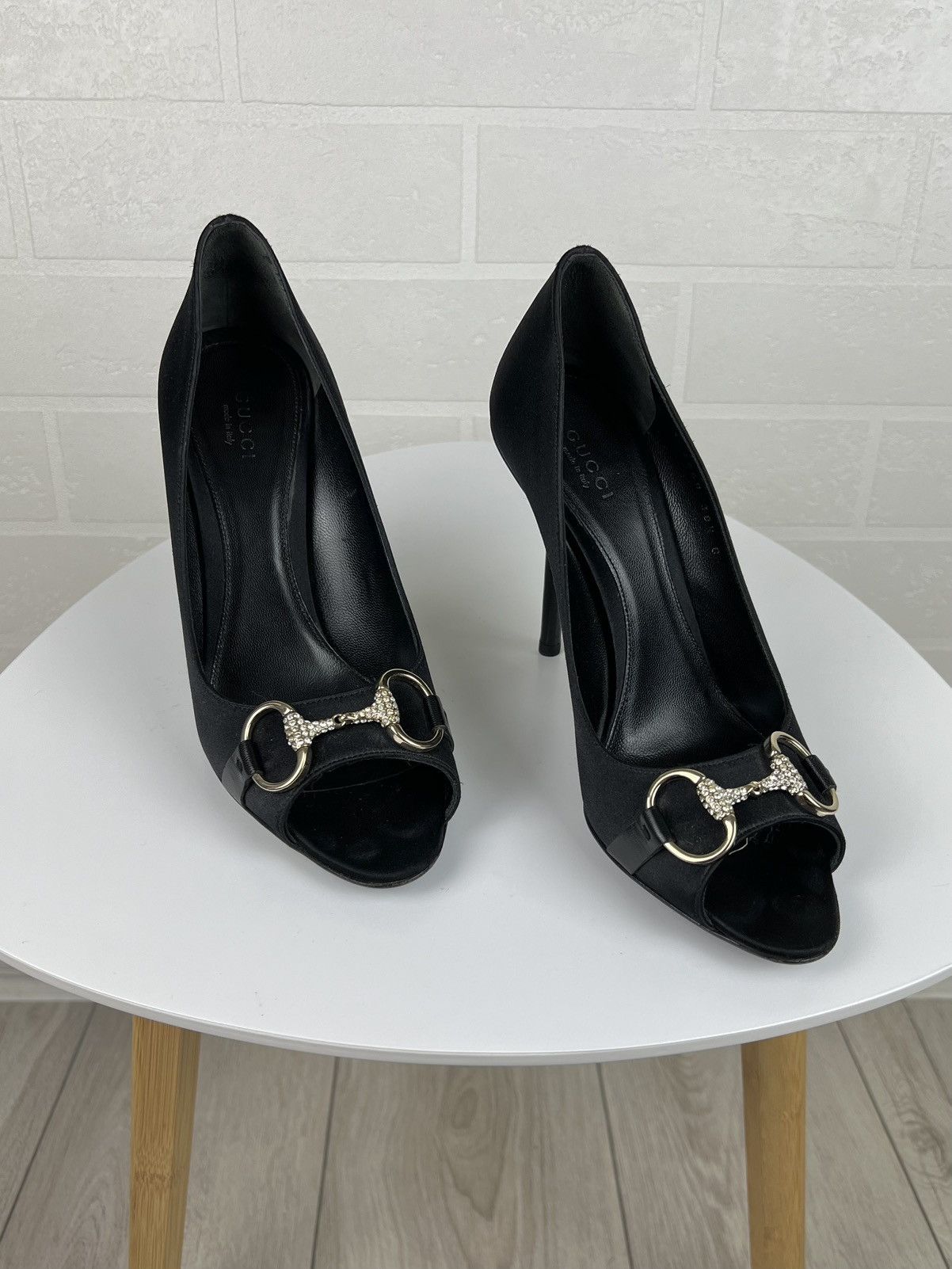 Gucci GUCCI Heels Satin Shoes Rhinestone Crystal Horsebit Peep Toe Size US 8.5 / IT 38.5 - 5 Thumbnail