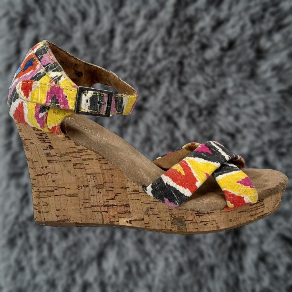 Toms Toms Sienna Cork Wedge Sandals Size 8 Multicolor Ikat Aztec Boho Summer Womens Buckle Ankle Strap Adjustable Espadrille Wedge Shoes Size US 8 / IT 38 - 1 Thumbnail