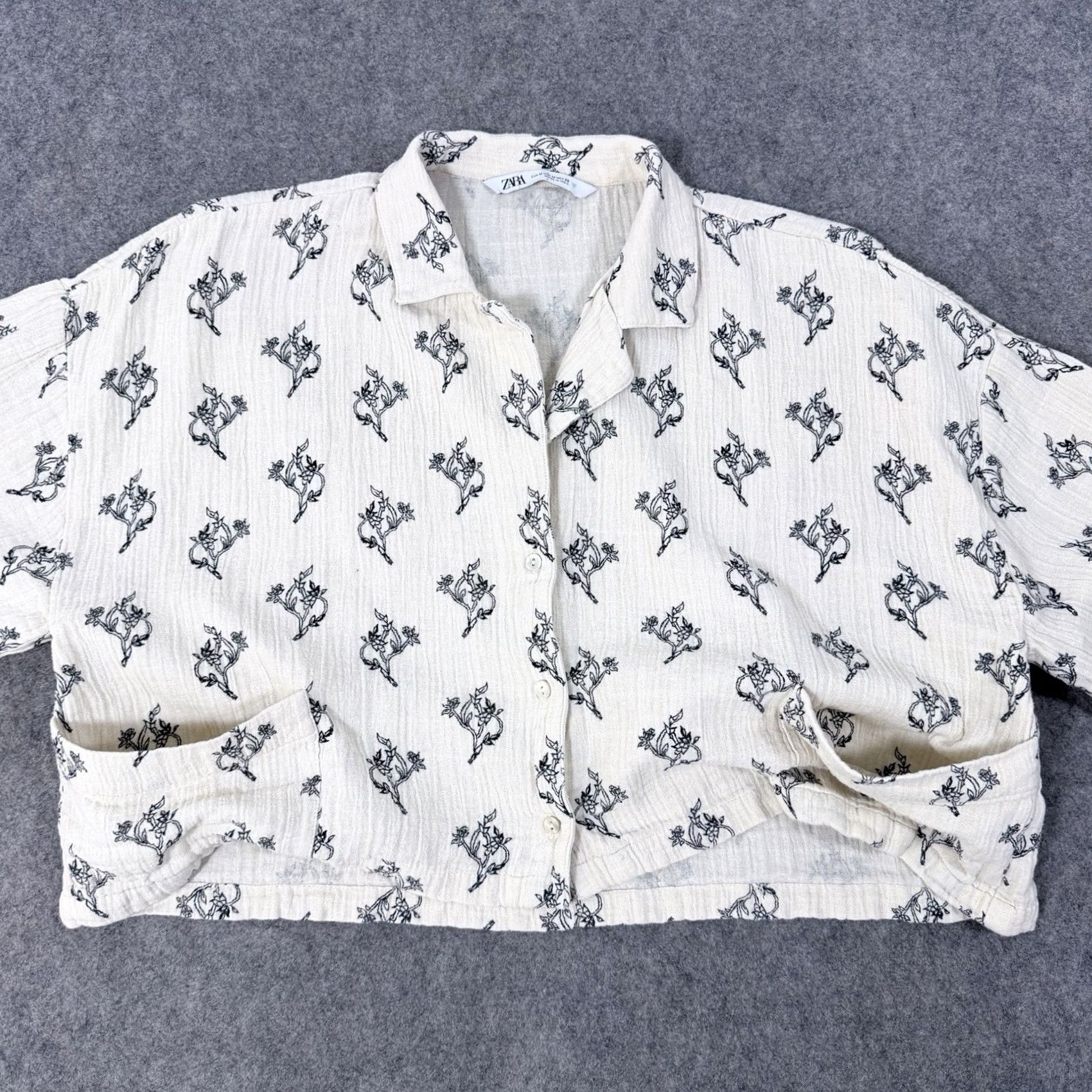 Zara Zara Blouse Shirt Casual Woven Gauze Floral Button-Up Ivory Women's Size M Size M / US 6-8 / IT 42-44 - 4 Thumbnail