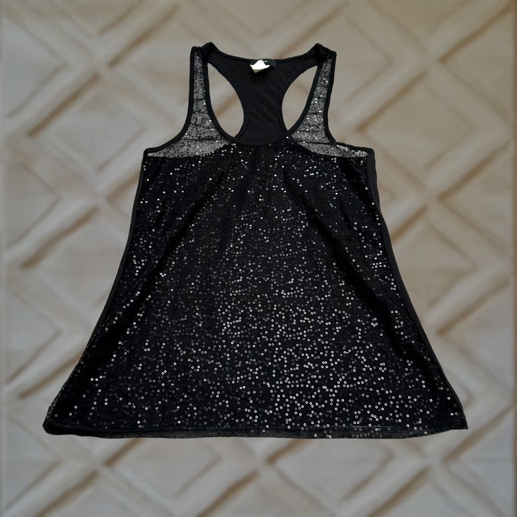 AQUA Aqua Black Sequin Sheer Tank Top Womens Small Racerback Casual Size S / US 4 / IT 40 - 1 Thumbnail