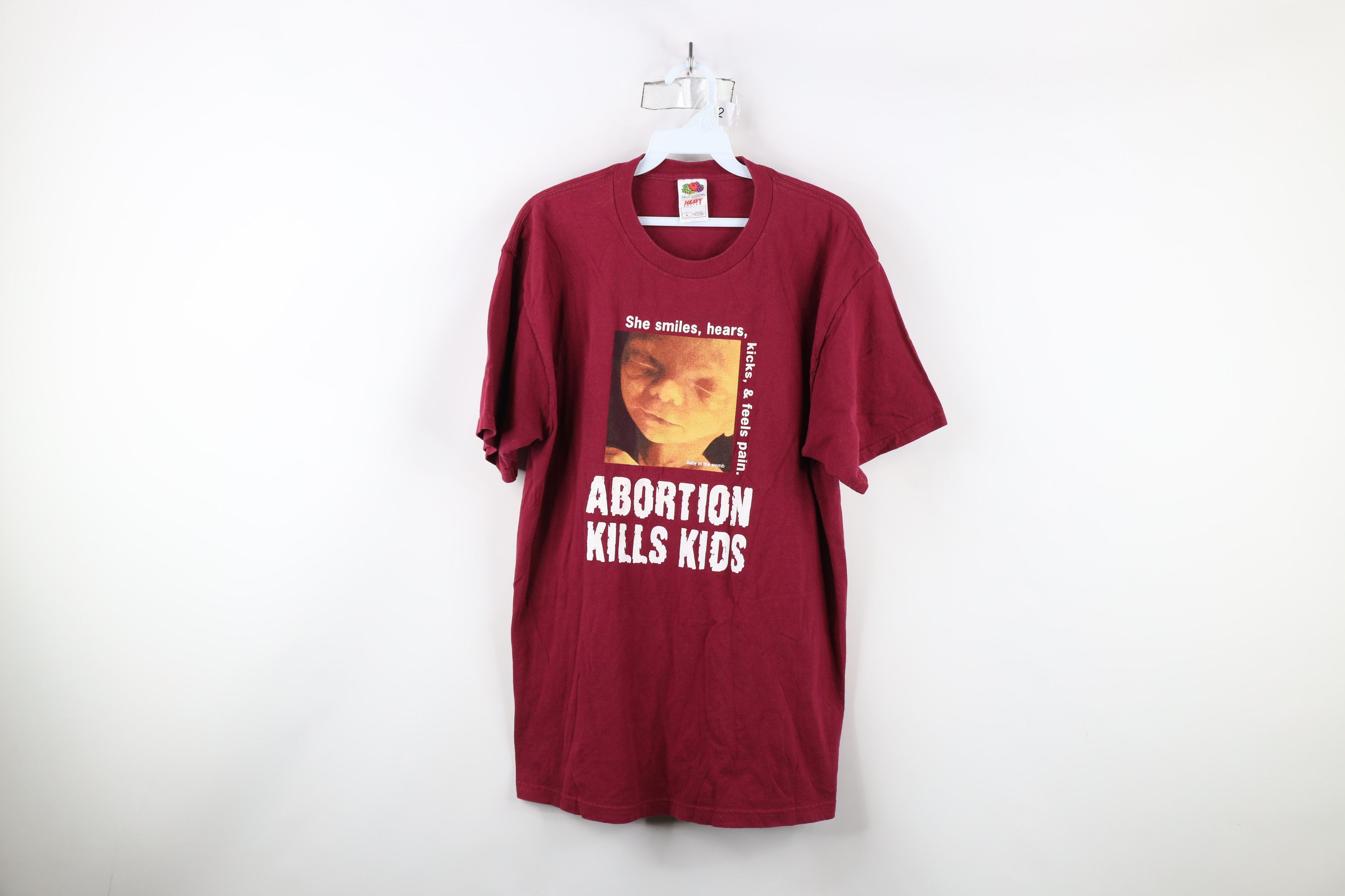 Vintage Vintage 90s Y2K Spell Out Abortion Kills Kids T-Shirt Maroon Size US L / EU 52-54 / 3 - 1 Thumbnail