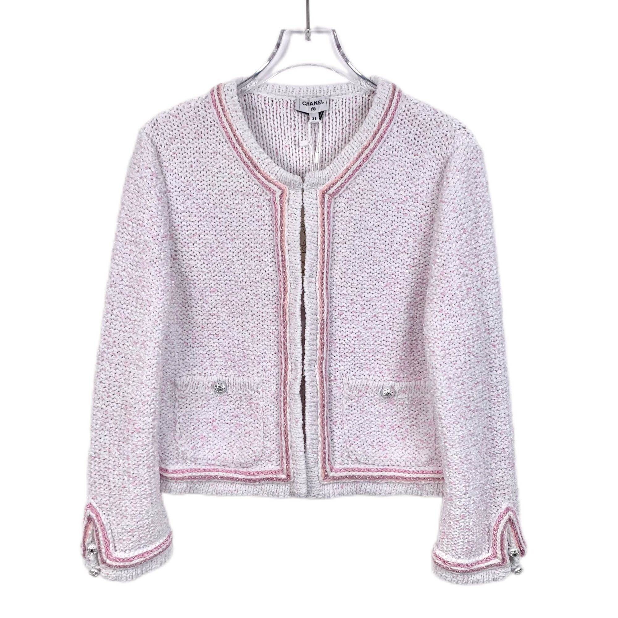 Chanel Chanel White & Pink Sequin-Embellished Knit Cardigan Jacket Size XS / US 0-2 / IT 36-38 - 1 Thumbnail