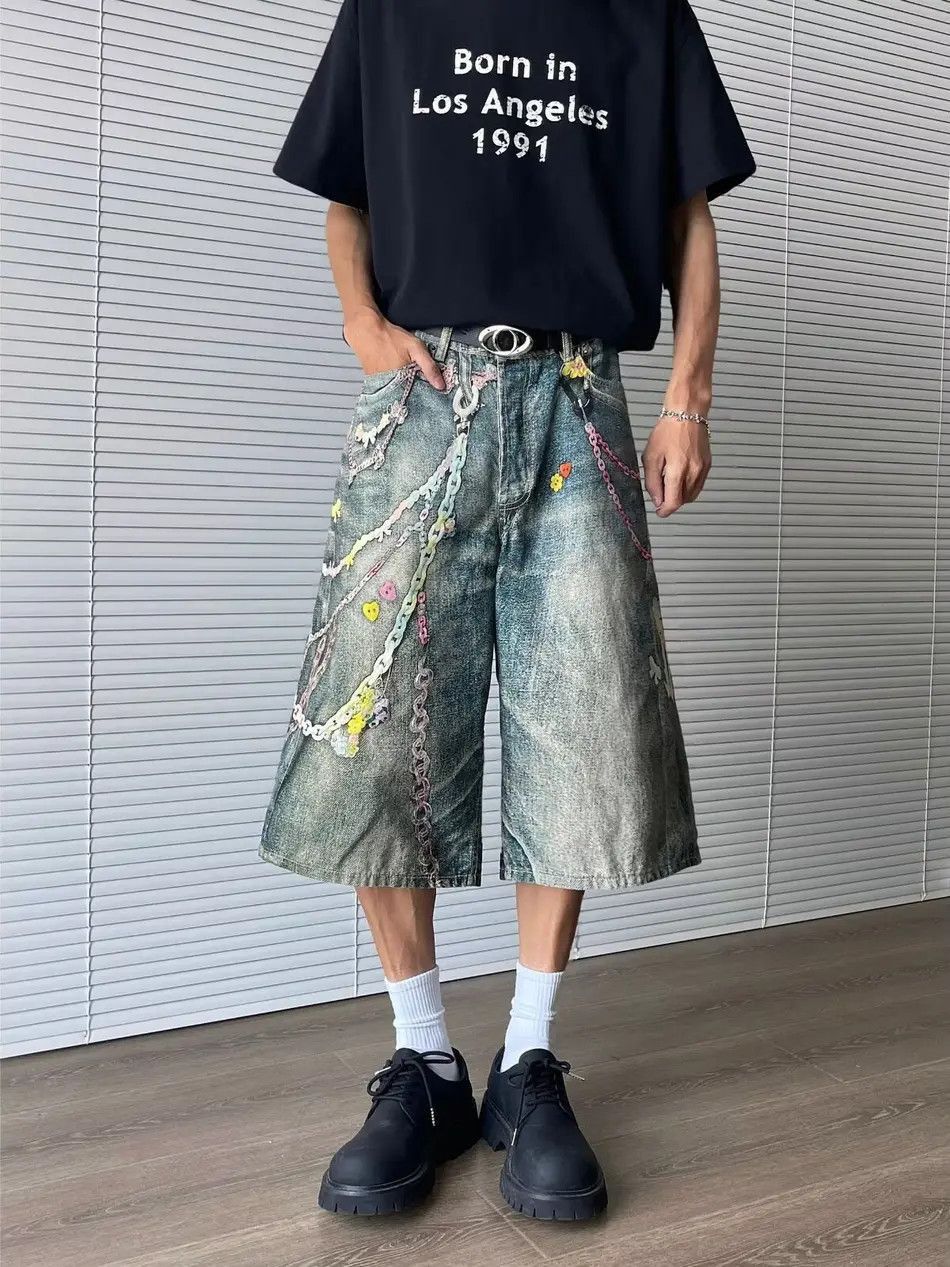 Japanese Brand Retro hip-hop chain printed denim shorts Size US 32 / EU 48 - 2 Thumbnail
