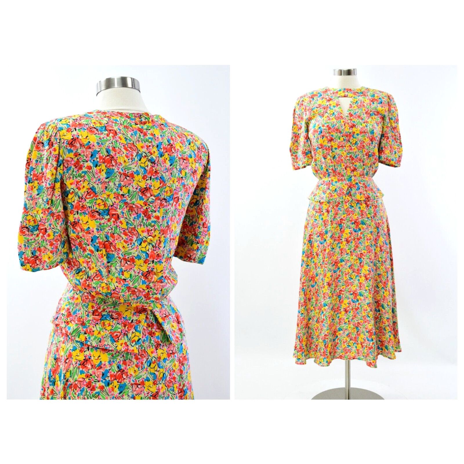 image of Vintage 90's VTG Bright Floral Peplum Waist Key Hole Neck Silk Dress Womens 4 Jon Perri in White (S