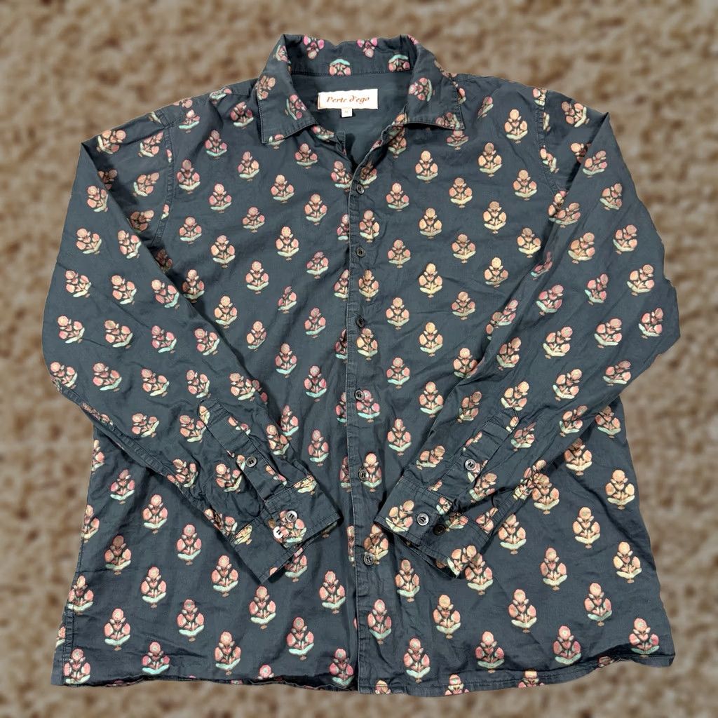Vintage Perte D’ego Shirt XL Black Floral Print Button-Up Long Sleeve Men’s Regular Fit Size 46R - 1 Thumbnail