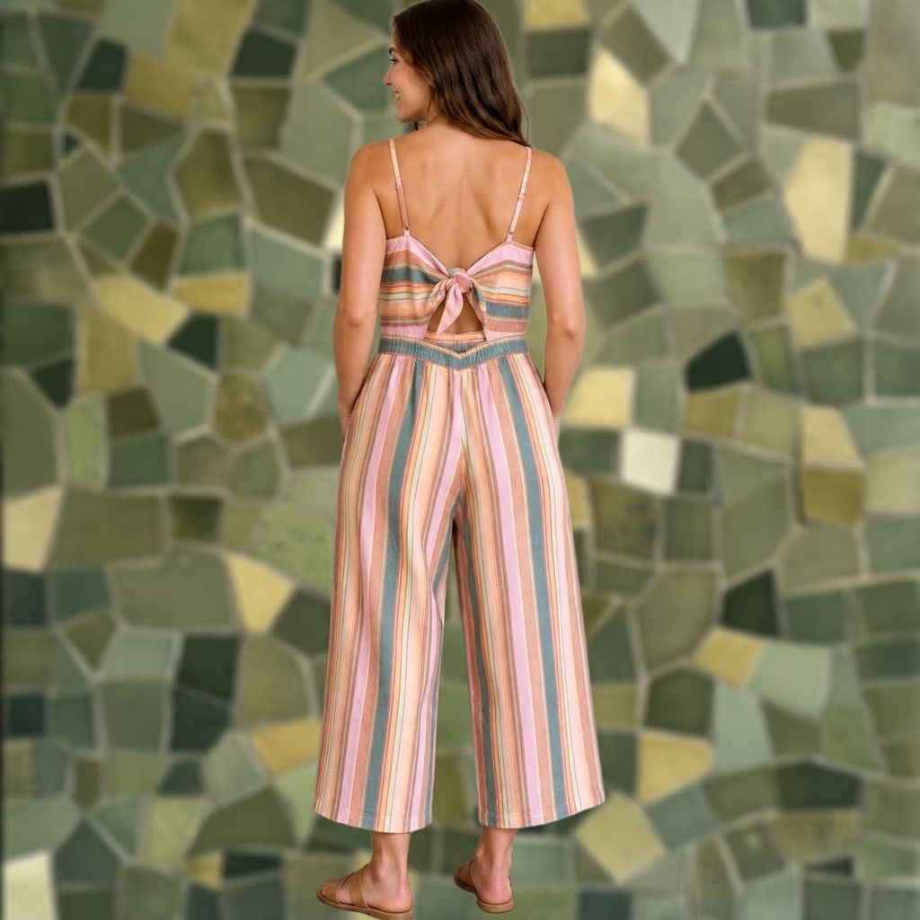 American Eagle Outfitters American Eagle Jumpsuit Women M Striped Linen Blend Cutout Tie Back Wide-Leg Boho Y2K Retro Festive Casual Travel Size 32" / US 10 / IT 46 - 1 Thumbnail