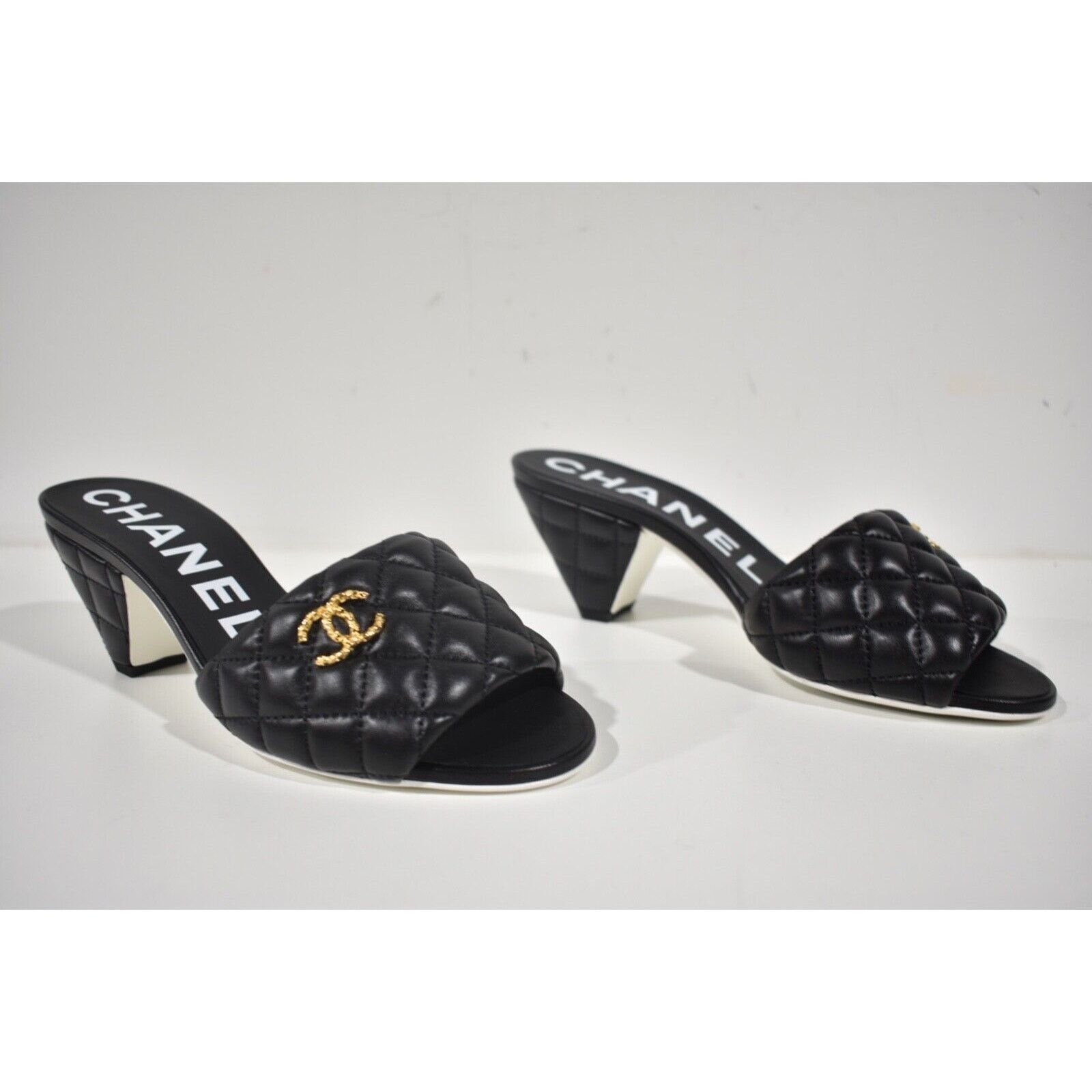 Chanel REV Quilted CC Logo Cone Heel Mule Slide Sandal 37.5 Size US 7.5 / IT 37.5 - 3 Thumbnail