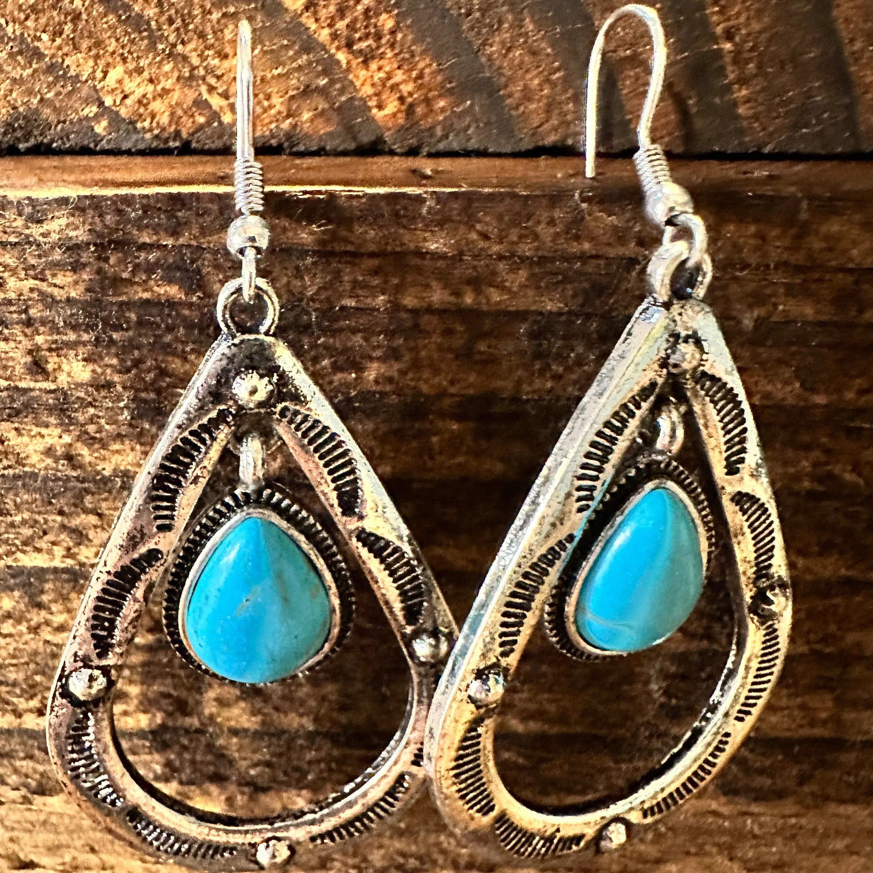 Other Boho Hippie Cowgirl Western Stamped Turquoise Teardrop Silve Size ONE SIZE - 5 Thumbnail