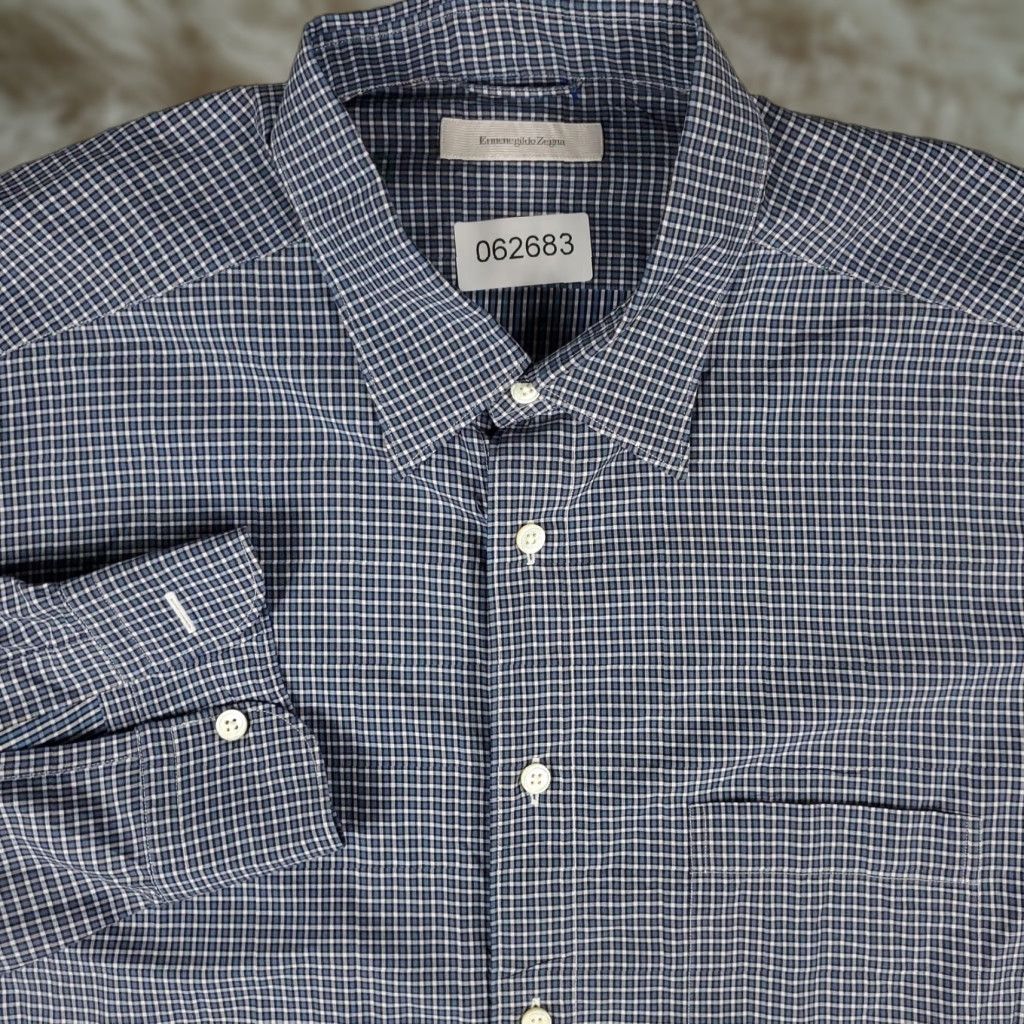 Ermenegildo Zegna Ermenegildo Zegna Button-Up Shirt Mens XL Blue White Check Cotton Long Sleeve Regular Fit Size US XL / EU 56 / 4 - 1 Thumbnail
