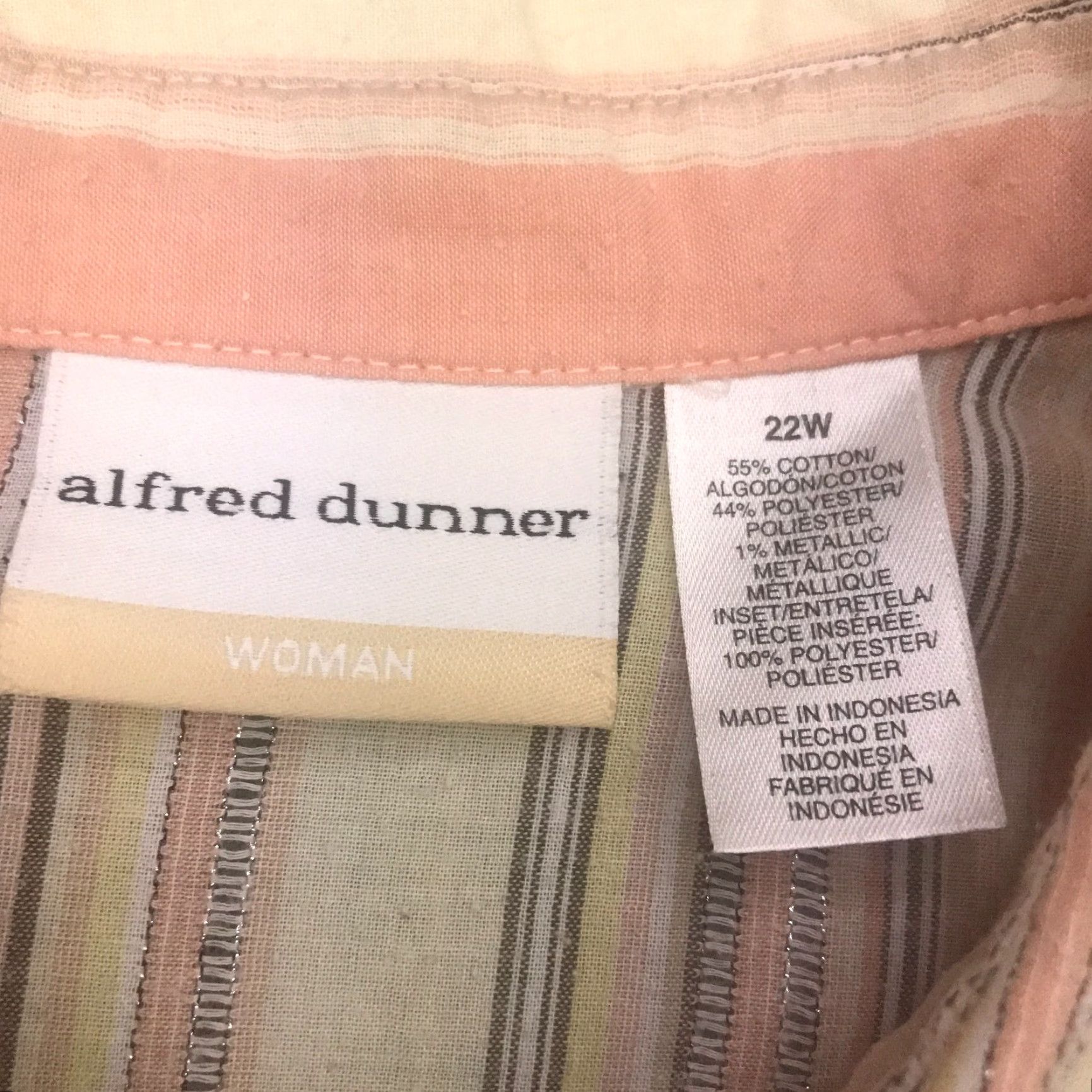 Vintage Alfred Dunner Womens Striped Button-Up Top 22W Beige & Metallic | Cotton Polyester Blend | 3/4 Sleeve | Collared | Plus Size | Shirt - Womens Size 3XL / US 20-22 - 4 Thumbnail
