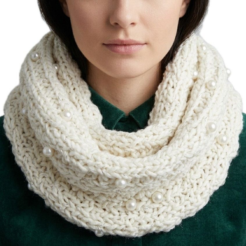 Other White Ivory Infinity Scarf Pearls Silver Threads Chunky Knit Size ONE SIZE - 1 Thumbnail