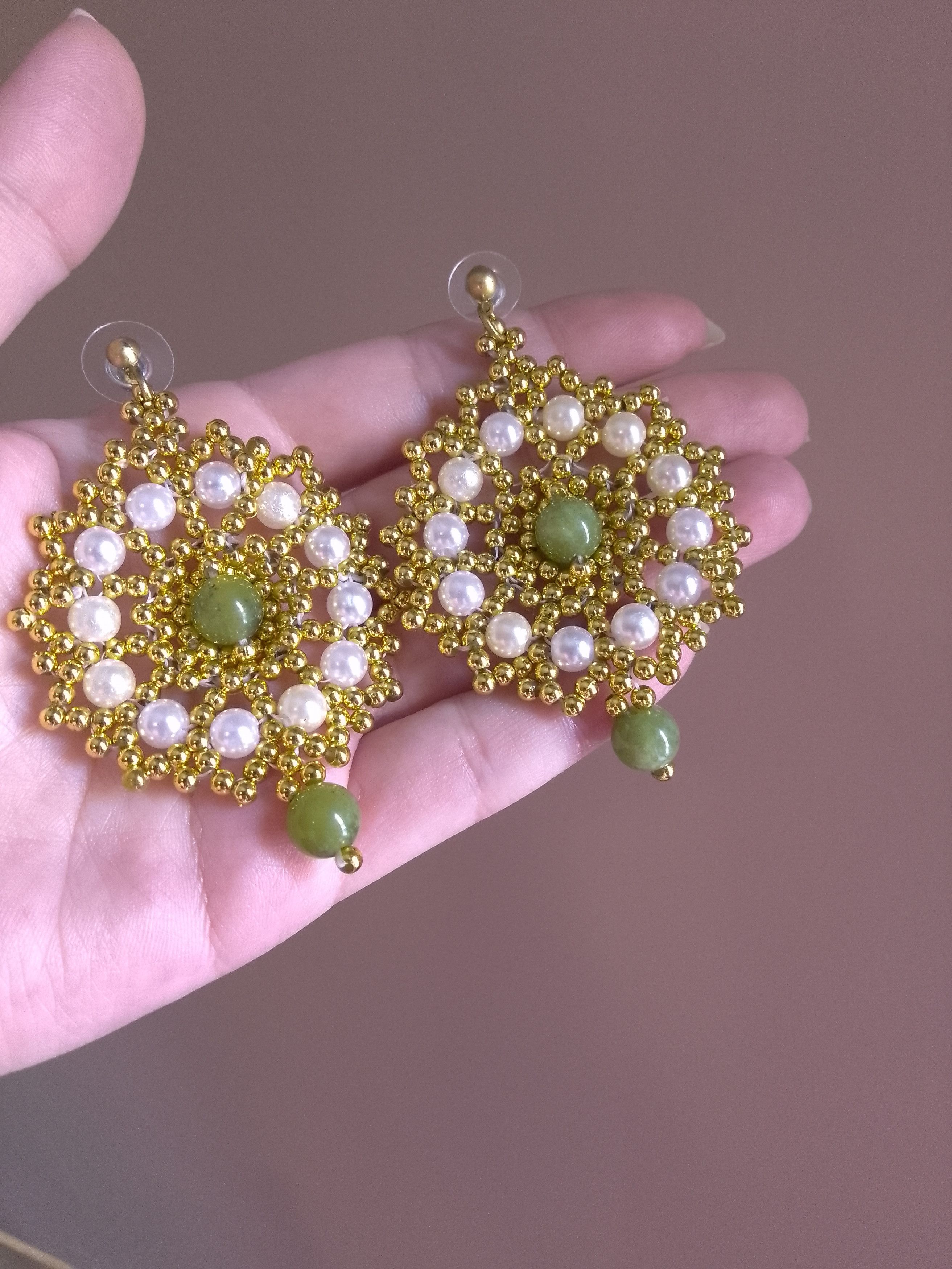 Handmade Golden earrings Mandala with natural Green jade gemstones Size ONE SIZE - 2 Thumbnail