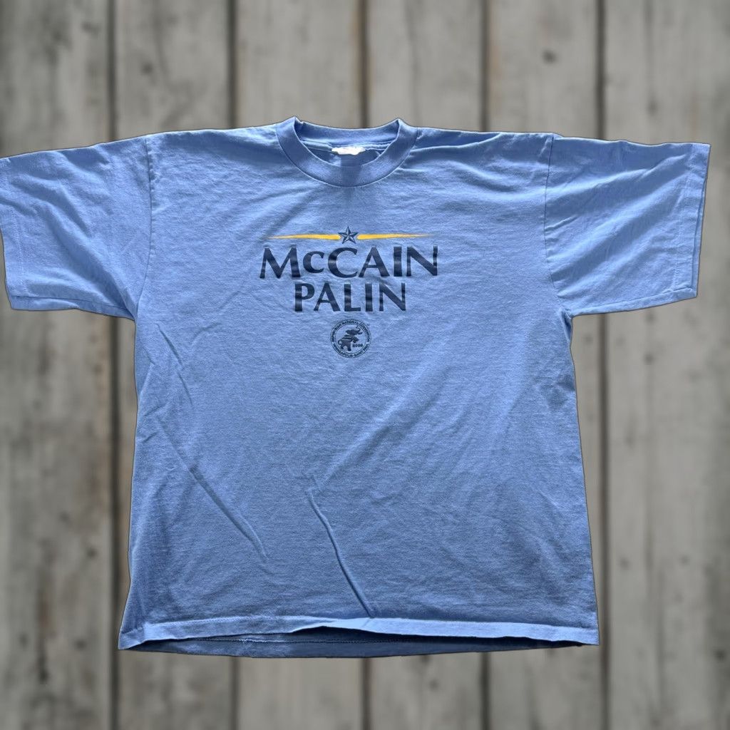 VINTAGE McCain Palin Shirt Mens XL Blue Republican Convention 2008 Campaign Crew Neck Short Sleeve Graphic Print T-Shirt Mens XL Blue
