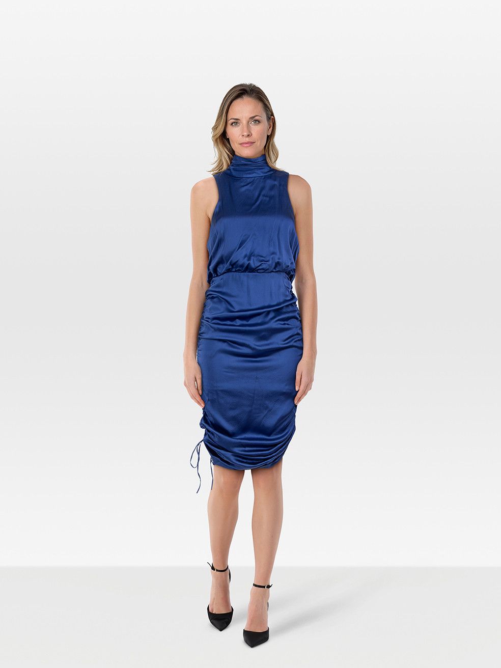 Cinq a Sept Blue Silk Ruched Midi Dress Size M / US 6-8 / IT 42-44 - 1 Thumbnail
