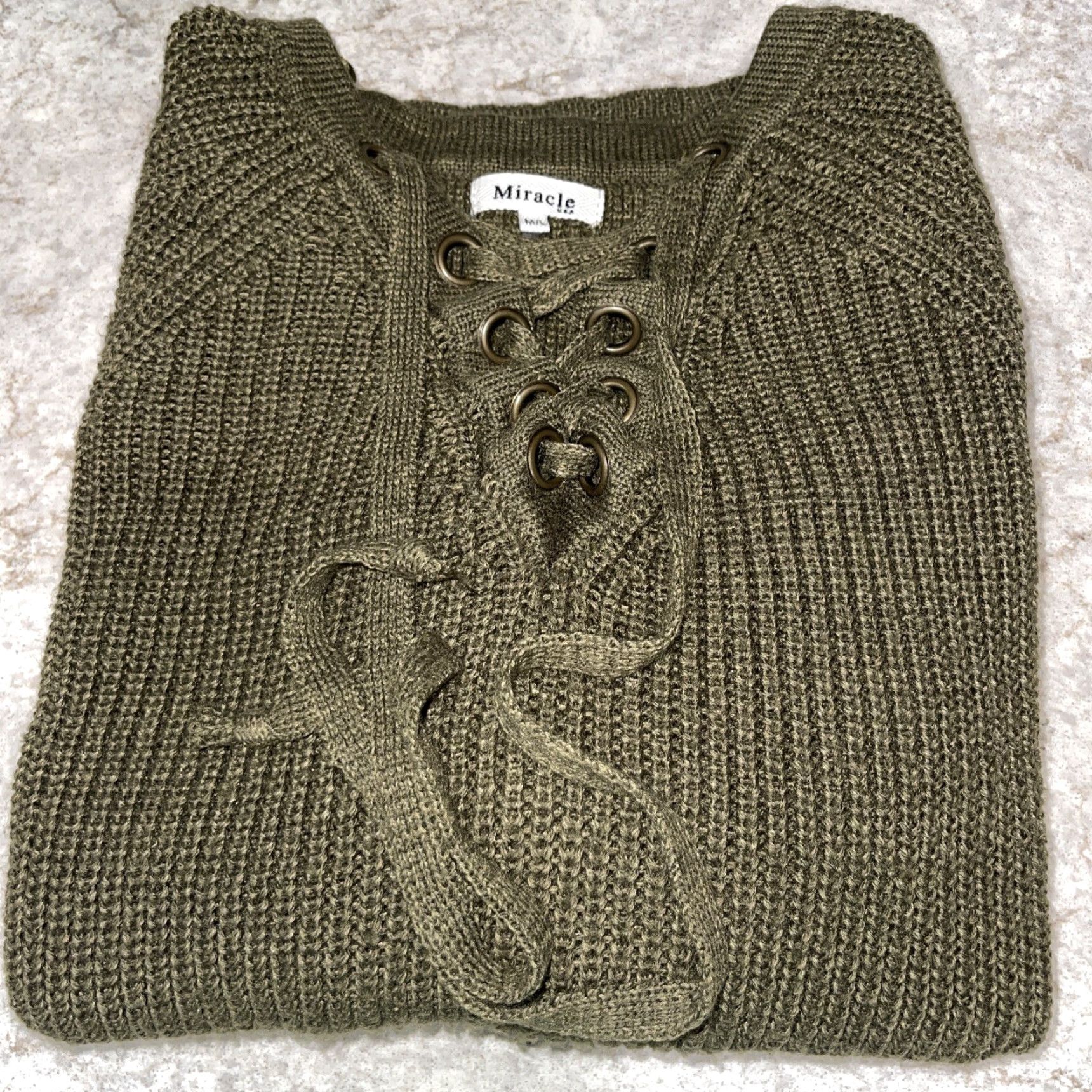 Vintage MIRACLE Women's Sweater 3/4 Sleeve Crewneck Lace Up Chest Dark Olive Army Green M/L Women Size M / US 6-8 / IT 42-44 - 7 Thumbnail