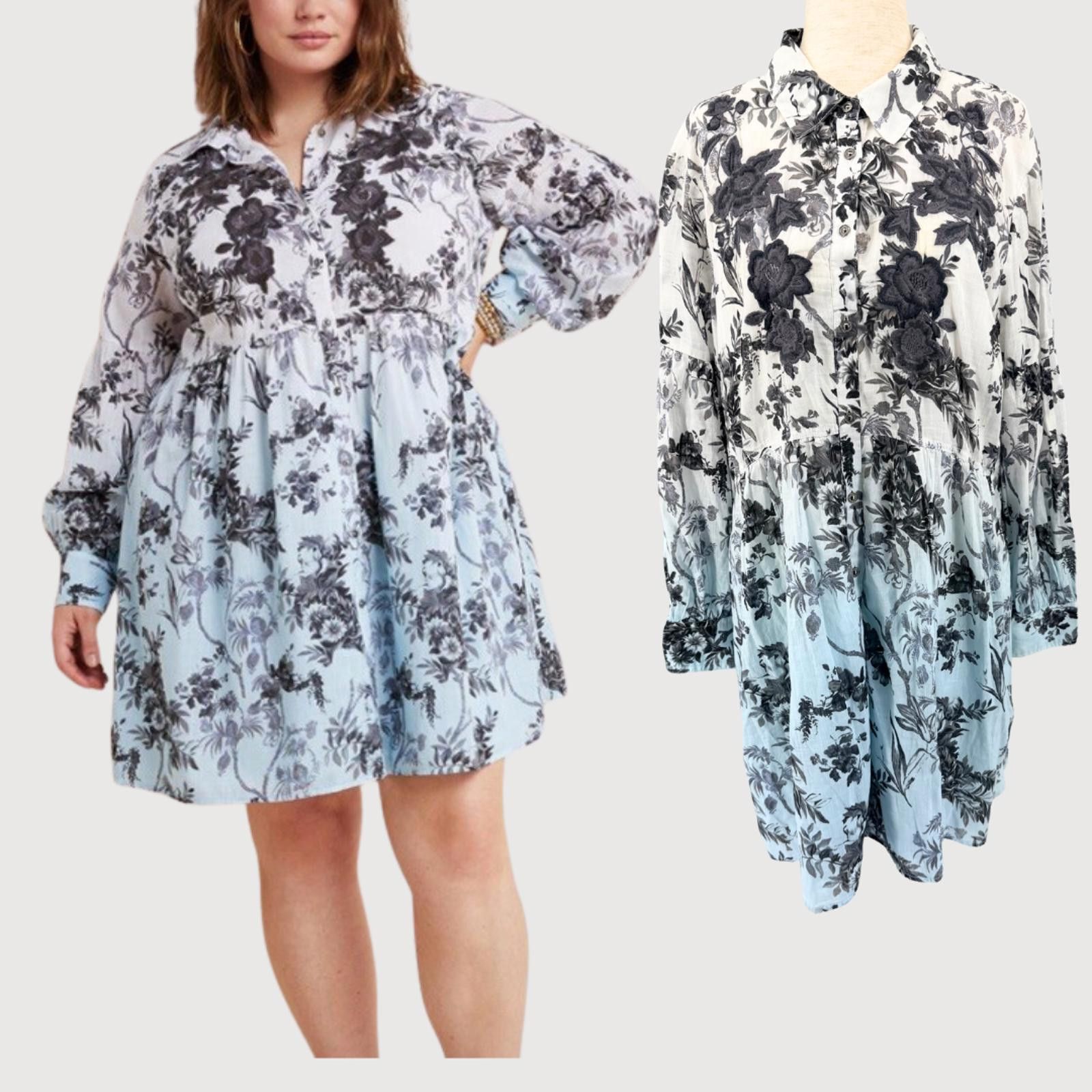 Other Anthro Floral Ombré Babydoll Shirt Dress Blue White 14P Size XL / US 12-14 / IT 48-50 - 1 Thumbnail