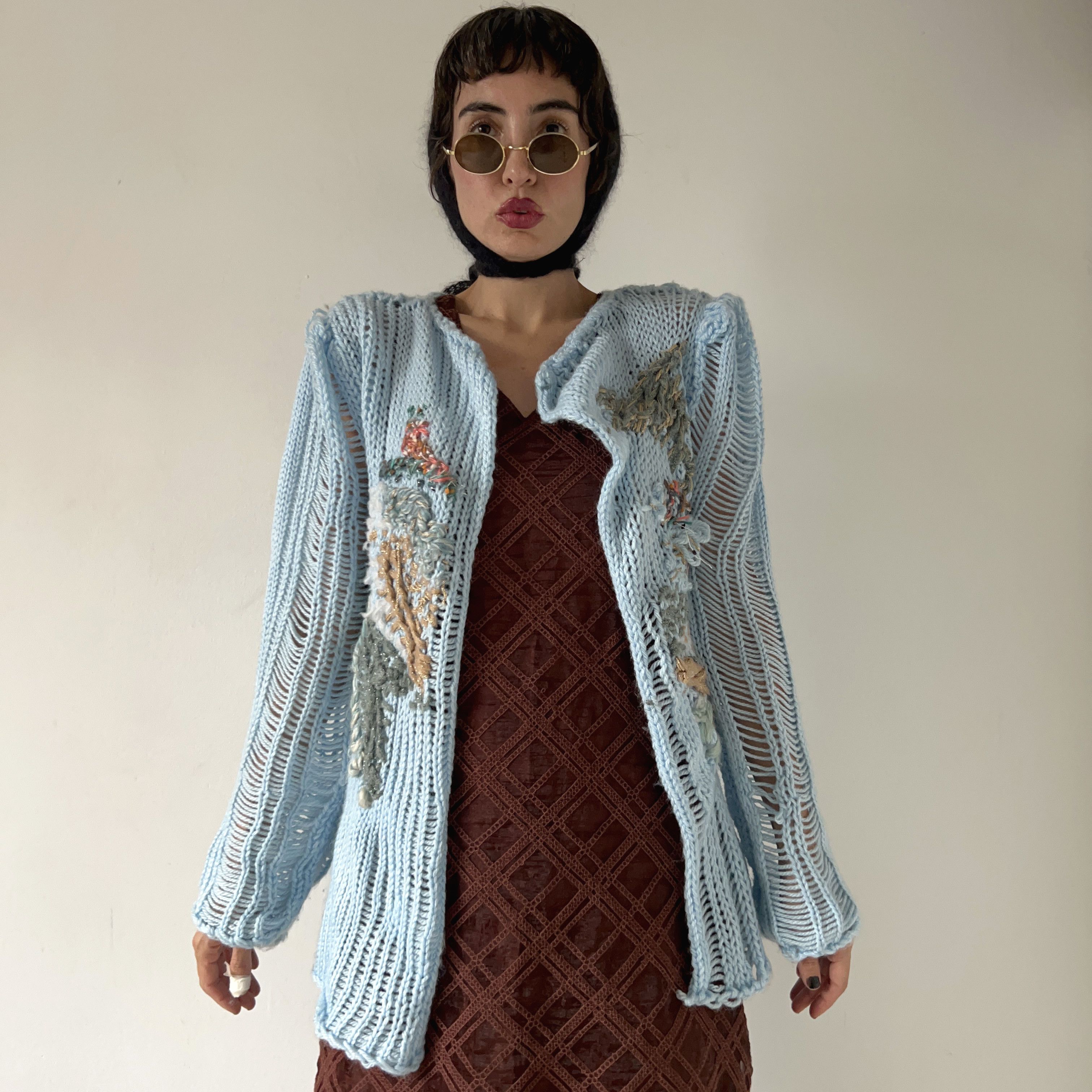 Handmade Hand Knit pastel blue tapestry cardigan Size M / US 6-8 / IT 42-44 - 5 Thumbnail