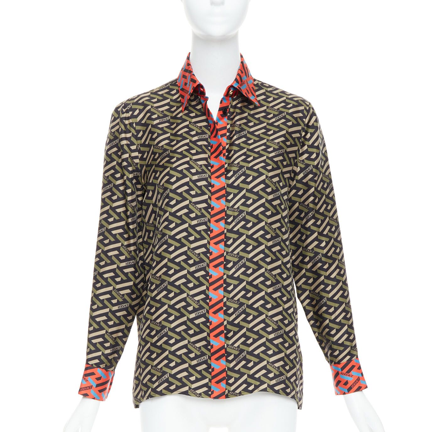 Versace VERSACE La Greca 100% silk green red geometric print logo shirt IT36 XXS Size XS / US 0-2 / IT 36-38 - 1 Thumbnail