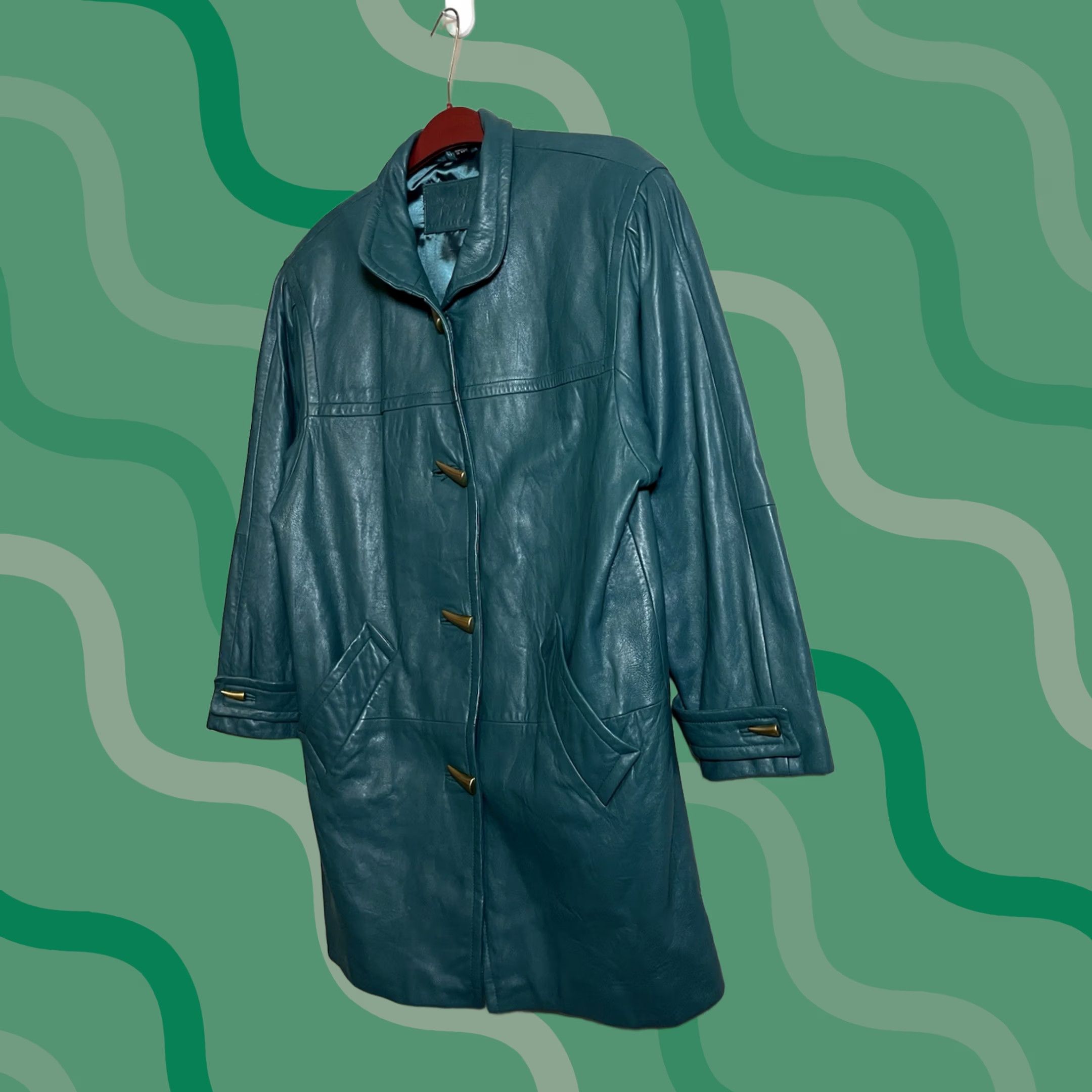 Ferrari Jacqueline Ferrari Leather Green Trench Coat Womens M Grunge Goth Coat Long Sleeve Button Embroidered Fall Winter 34" Size M / US 6-8 / IT 42-44 - 1 Thumbnail