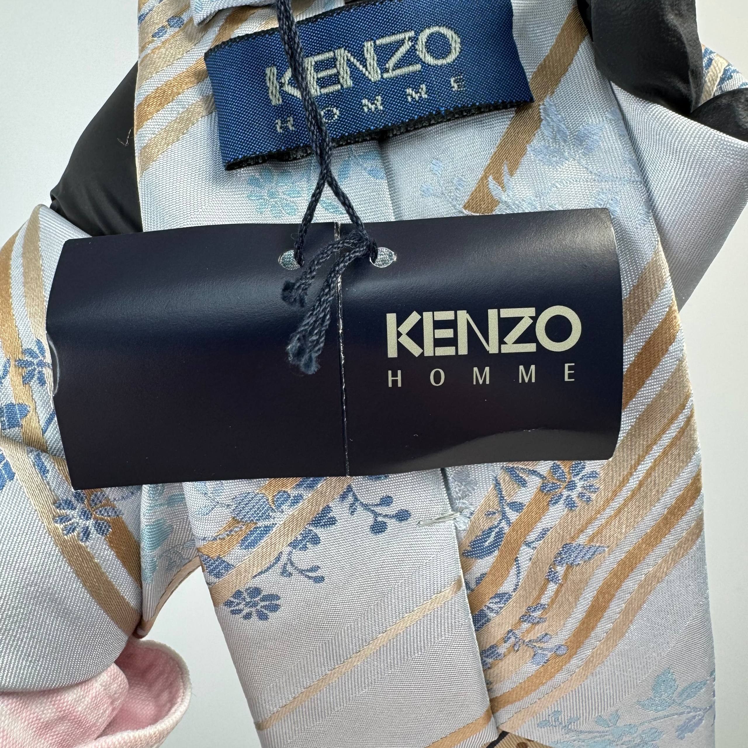 Kenzo NEW Kenzo Homme Silk Tie Floral Striped Blue Beige Mens Size ONE SIZE - 6 Thumbnail