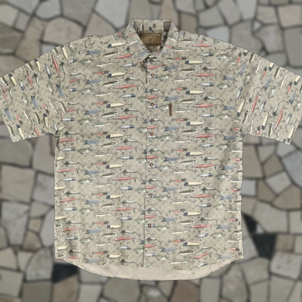 Vintage North River Fishing Lure Cotton All Over Print Button Down Shirt Gray Men's XL Size US XL / EU 56 / 4 - 1 Thumbnail