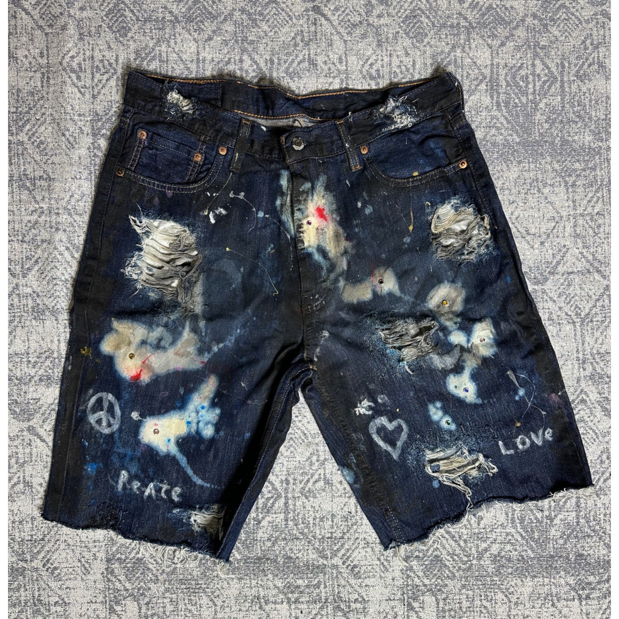 Levi's Custom Reworked Embellished Bleached Distressed Paint Staine Size US 33 - 1 Thumbnail