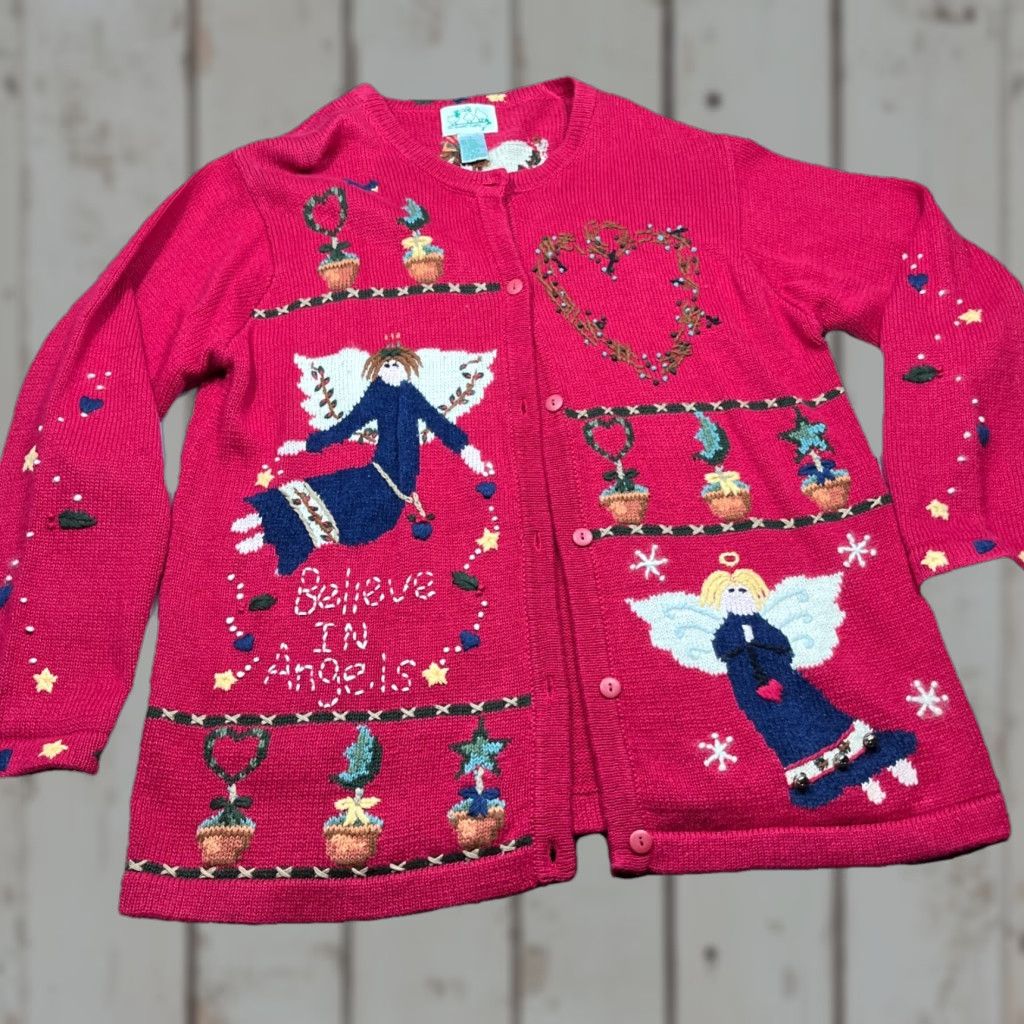 Quacker Factory VINTAGE Quacker Factory Red ANGELS CHRISTMAS Knit Cardigan Button Sweater Womens Lg Size L / US 10 / IT 46 - 1 Thumbnail