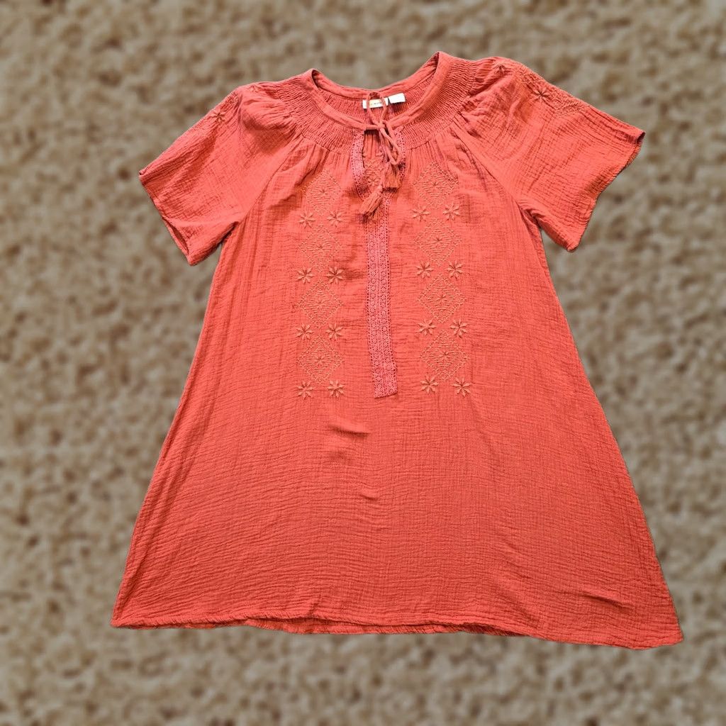 Lucky Brand Lucky Brand Dress Womens Size Large Orange Gauze Embroidered Peasant Boho Casual A-Line Short Dress Size L / US 10 / IT 46 - 1 Thumbnail